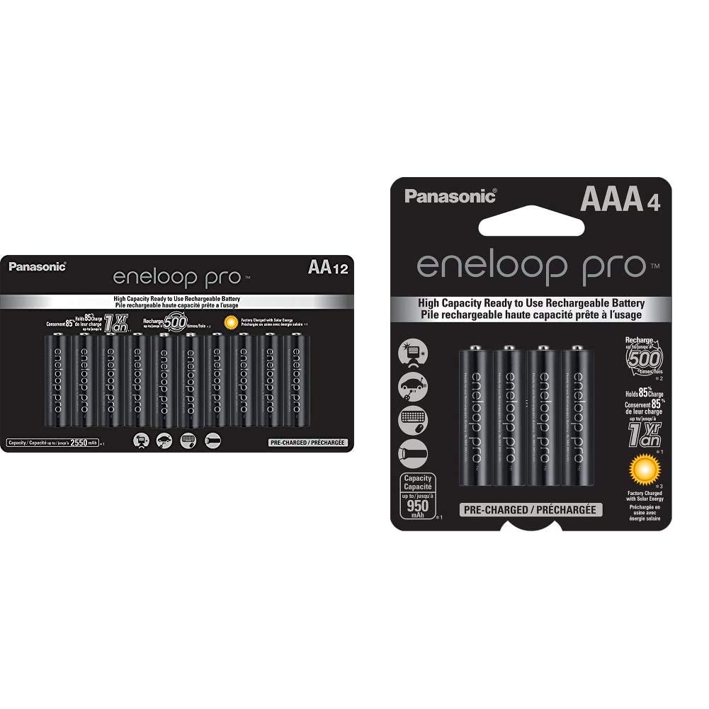 Panasonic Eneloop Pro Rechargeable AA Batteries (12-Pack) & AAA Batteries (4-Pack) - High-Capacity Ni-MH 1.2V for Digital Cameras, Flashlights, and Electronic Devices