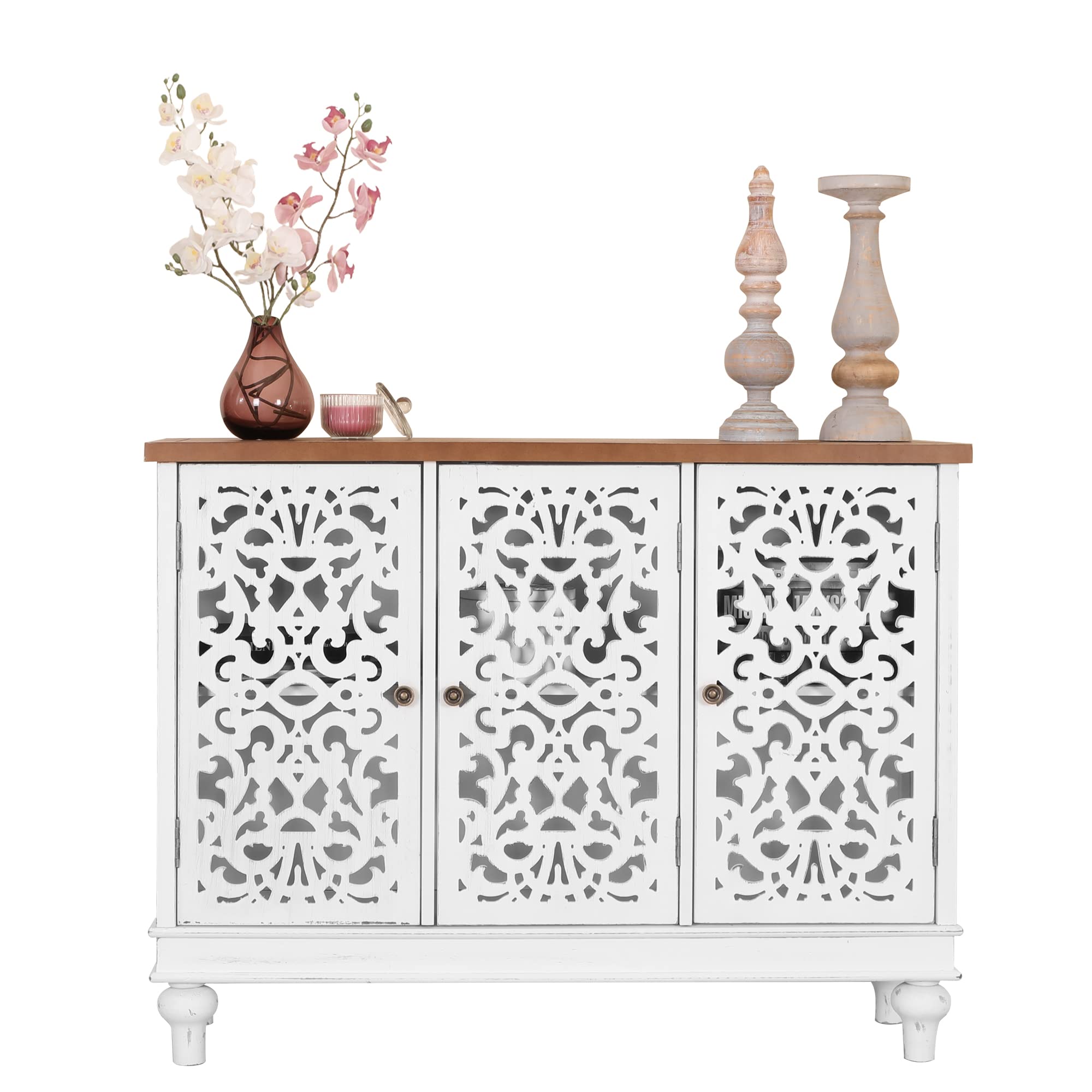 PHI VILLA White Farmhouse Accent Cabinet with Doors - Rustic Credenza Sideboard Buffet Storage Cabinet for Living Room, Dining Room & Entryway - Perfect for Home Decor & Organization