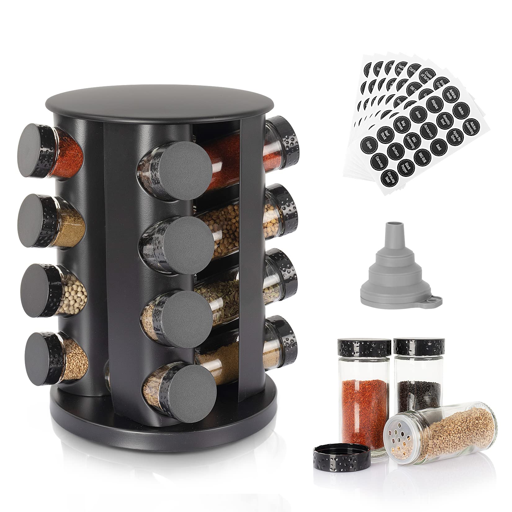360° Rotating Spice Rack Organizer - 16-Jar Black Countertop Carousel Spice Tower with 135 Pre-Printed Labels & Funnel Set | Space-Saving Kitchen Storage Solution for Countertops, Cabinets & Pantry Organization