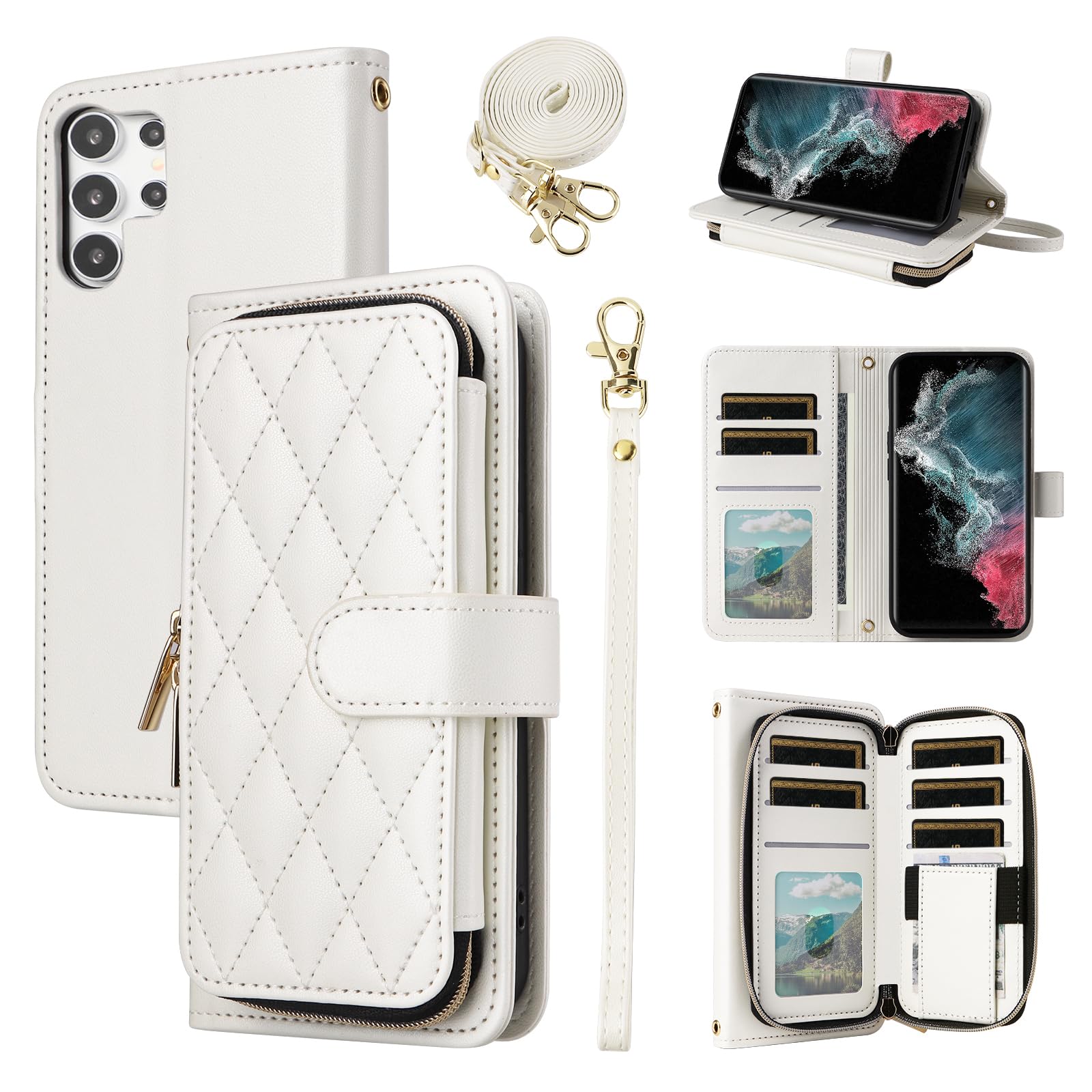 Premium PU Leather Wallet Case for Samsung Galaxy S24 Ultra 5G - Luxury Phone Cover with 9+ Card Slots, Wrist Strap & Crossbody Shoulder Strap - Zipper Purse Design - Perfect for Work, Travel & Everyday Use (White)