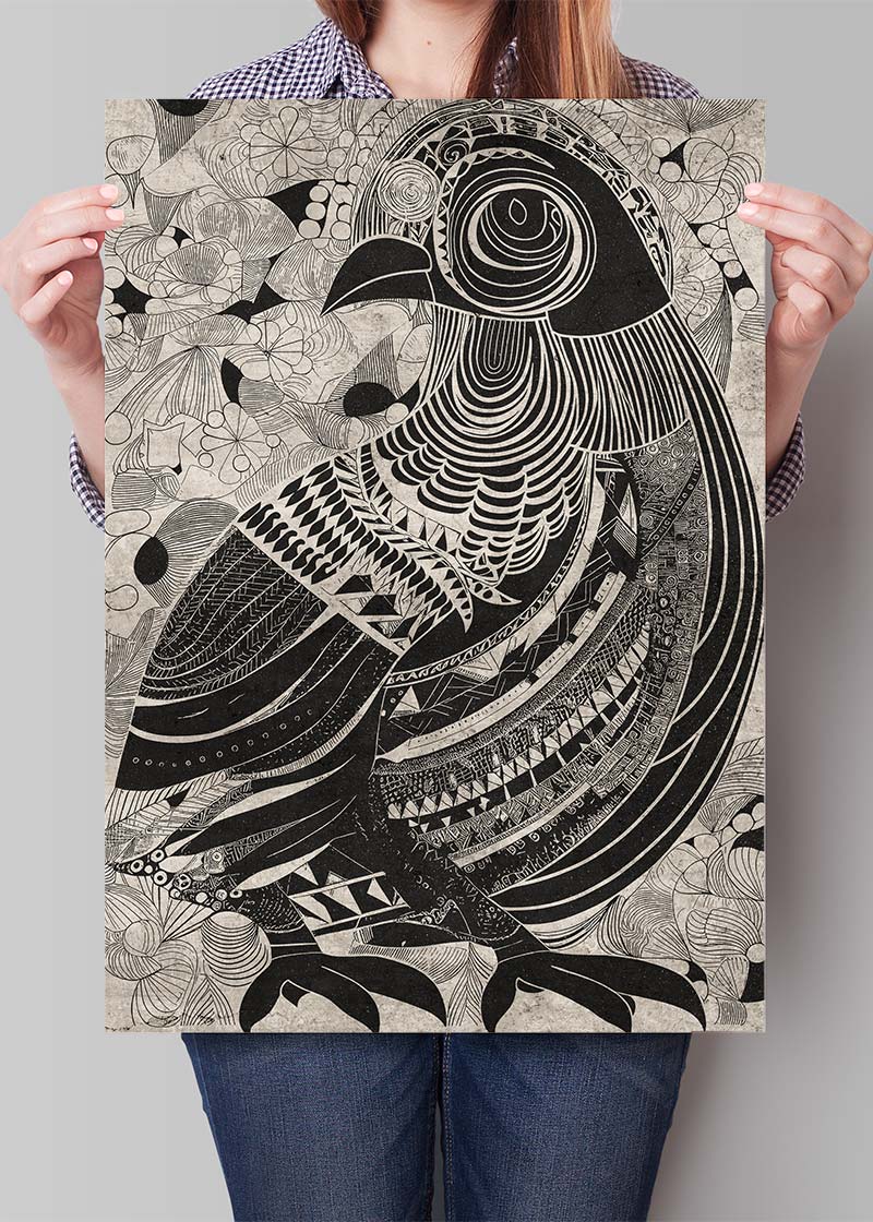 Black and White Bird Folk Art Print - Vintage Style Wall Decor for Living Room, Bedroom & Office - Perfect for Home Decor & Gifts