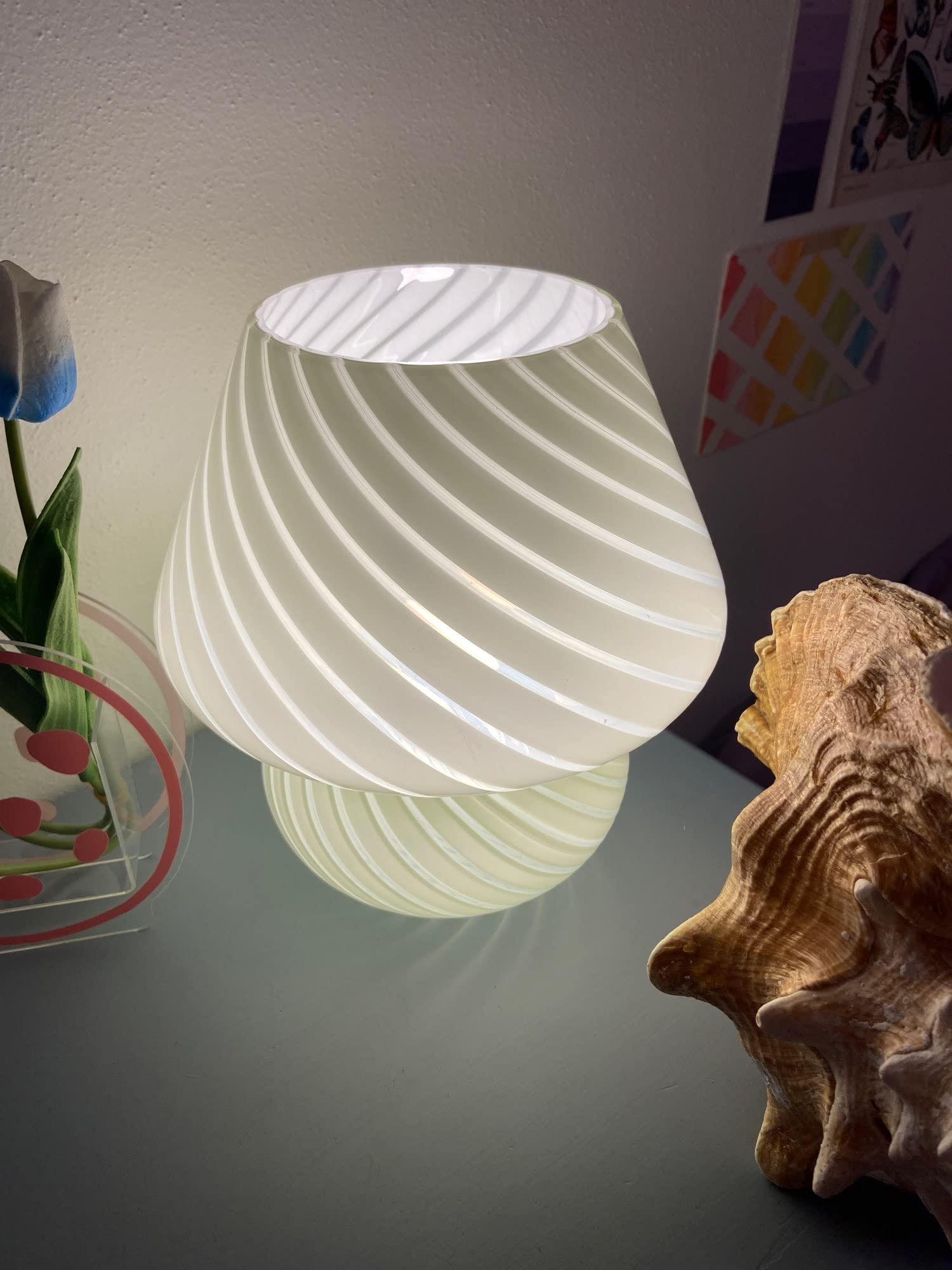 Stylish Mushroom Lamp - Translucent Glass LED Table Lamp for Bedroom, Desk & Nightstand - Cute Aesthetic Room Decor with Green Stripes - Perfect for Cozy Reading Nooks & Boho Home Decor