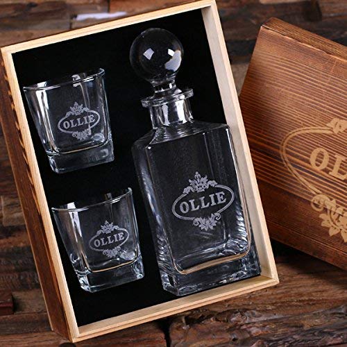 Teals Prairie & Co. Personalized Engraved Whiskey Decanter Set - 2 Crystal Whiskey Glasses & Premium Wood Gift Box - Perfect for Anniversary, Wedding & Housewarming Gifts
