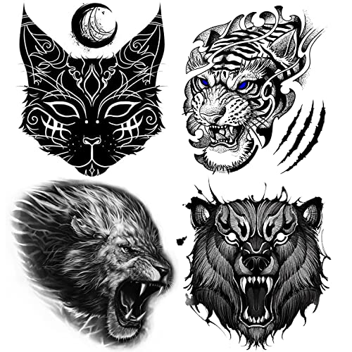 Waterproof Temporary Tattoo Stickers - 4 Sheets with Bear, Tiger, Lion & Cat Designs for Halloween, Parties & Costume Events | Long-Lasting Hand & Back Body Art for Adults & Kids