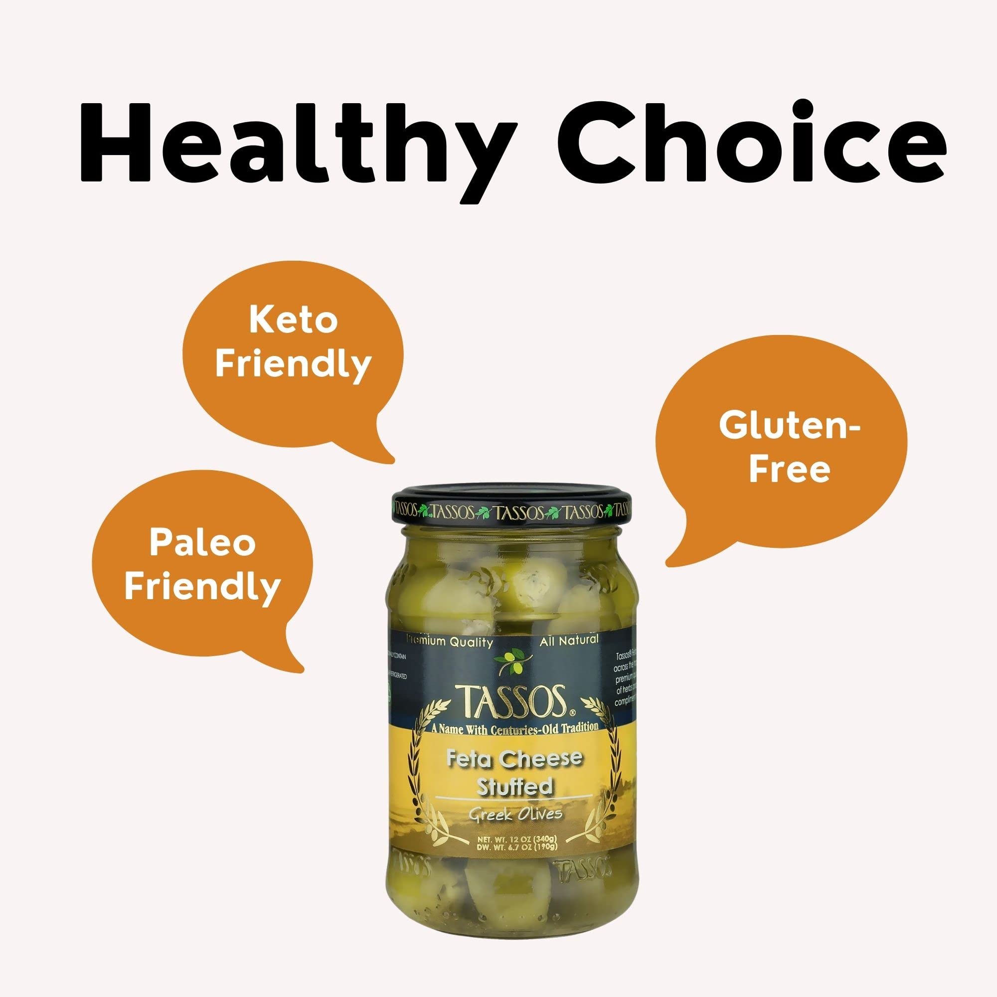 Tassos Stuffed Green Olives with Feta Cheese - 12oz Jar | Premium Mediterranean Snack for Charcuterie Boards, Salads & Cocktail Parties