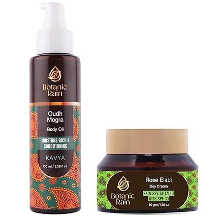 Organic Body Oil with Oudh & Mogra + SPF Face Moisturizer with Rose & Eladi | Natural Ayurvedic Skincare for All Skin Types | Women & Men | Daily Hydration & Sun Protection for Face & Body