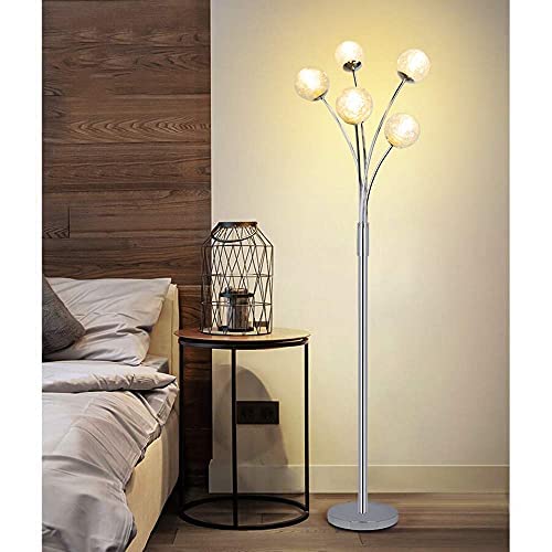 Modern Globe LED Floor Lamp - 5-Light Standing Tree Lamp for Living Room & Bedroom, Tall Pole Accent Lighting for Mid Century & Contemporary Homes, Silver Glass Shade (G9 Bulb Not Included) - Perfect for Reading Nooks, Lounge Areas & Bedside Lighting