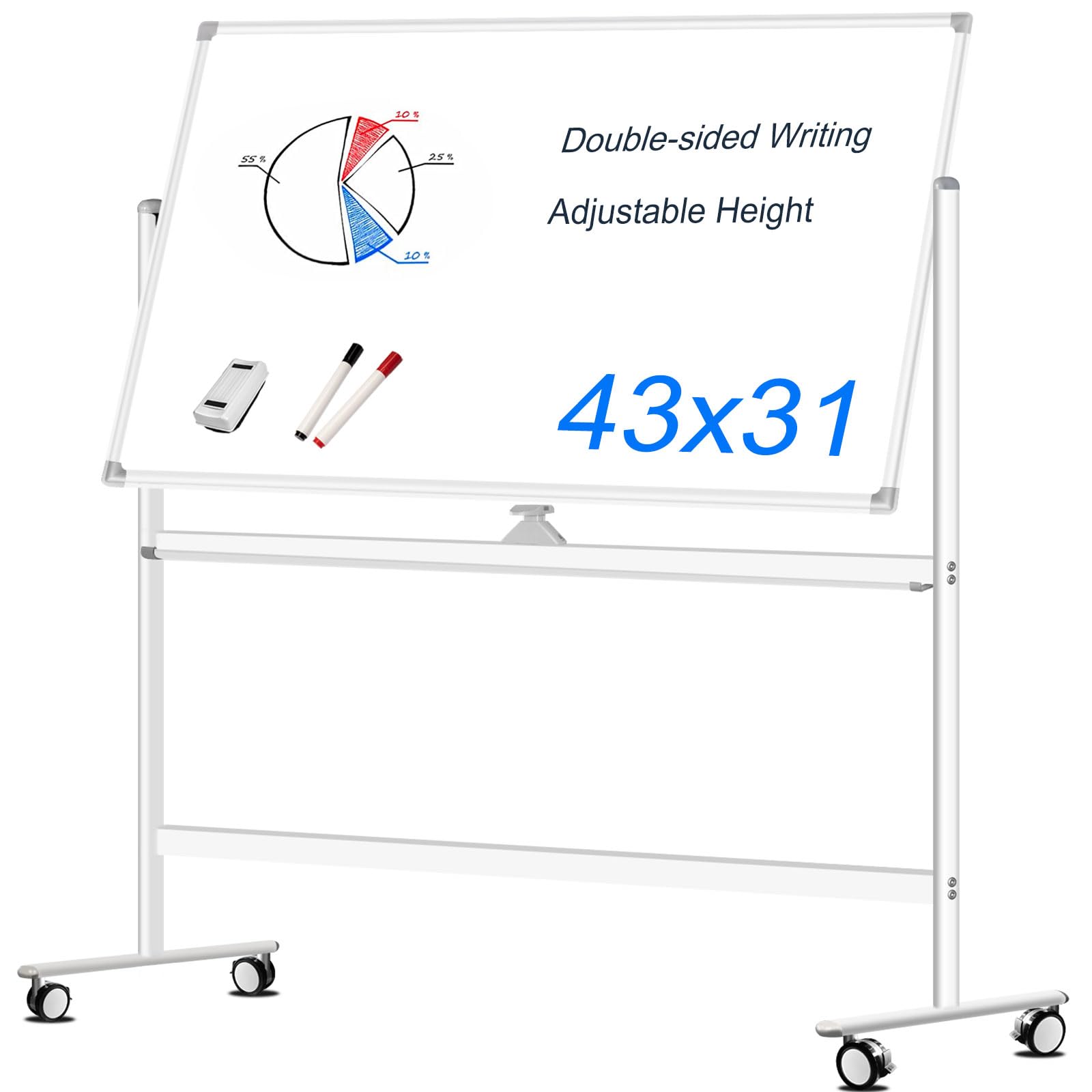 43x31 Large Portable Magnetic Whiteboard - Double-Sided Dry Erase Rolling Whiteboard with Wheels | Mobile Standing Whiteboard for Home, Office & School | Perfect for Presentations, Brainstorming & Classroom Teaching