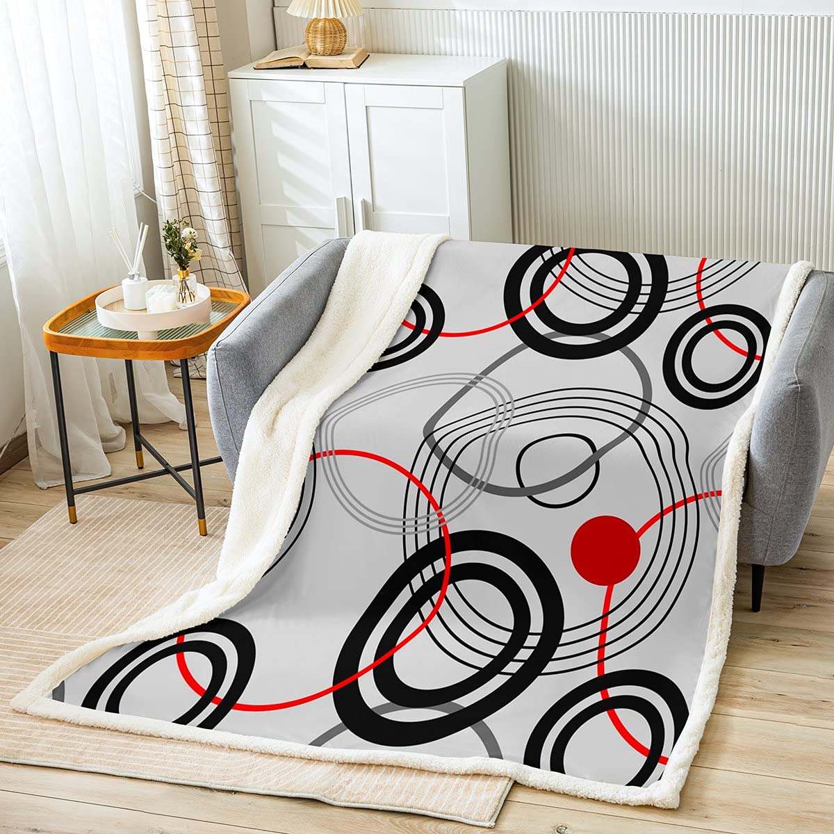 Gray Black Red Geometric Fleece Throw Blanket - Ultra Soft Lightweight Cozy Microfiber Blanket for Bed, Sofa & Travel - Twin Size 60x80 Inches - Perfect for Bedroom, Office & Winter Comfort