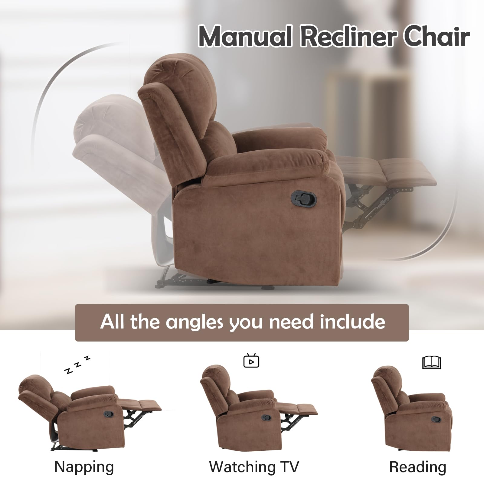 Phoenix Home Fabric Manual Recliner Chair for Adults - Comfortable Overstuffed Arm and Back Reclining Sofa - Living Room Single Seater in Caramel Brown - Perfect for Relaxing, Reading & Watching TV