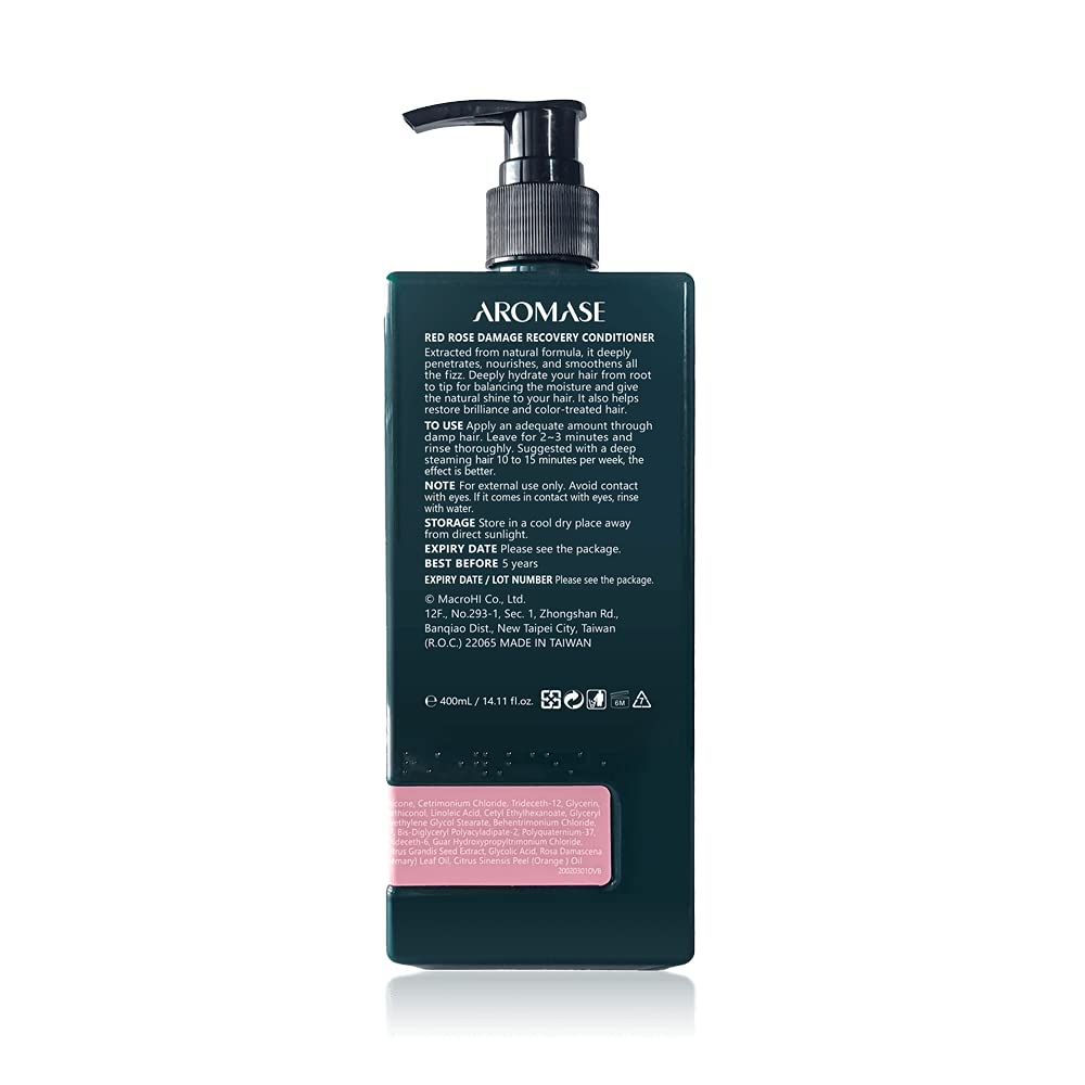 Aromase Red Rose Damage Recovery Conditioner with Damask Rose Oil & Jojoba Oil - Detangles Frizzy Hair, Deep Hydrates & Strengthens Hair with Linolenic Acid - Clean Rinse Formula for Dry, Damaged Hair - Perfect for Daily Use & Post-Coloring Treatment