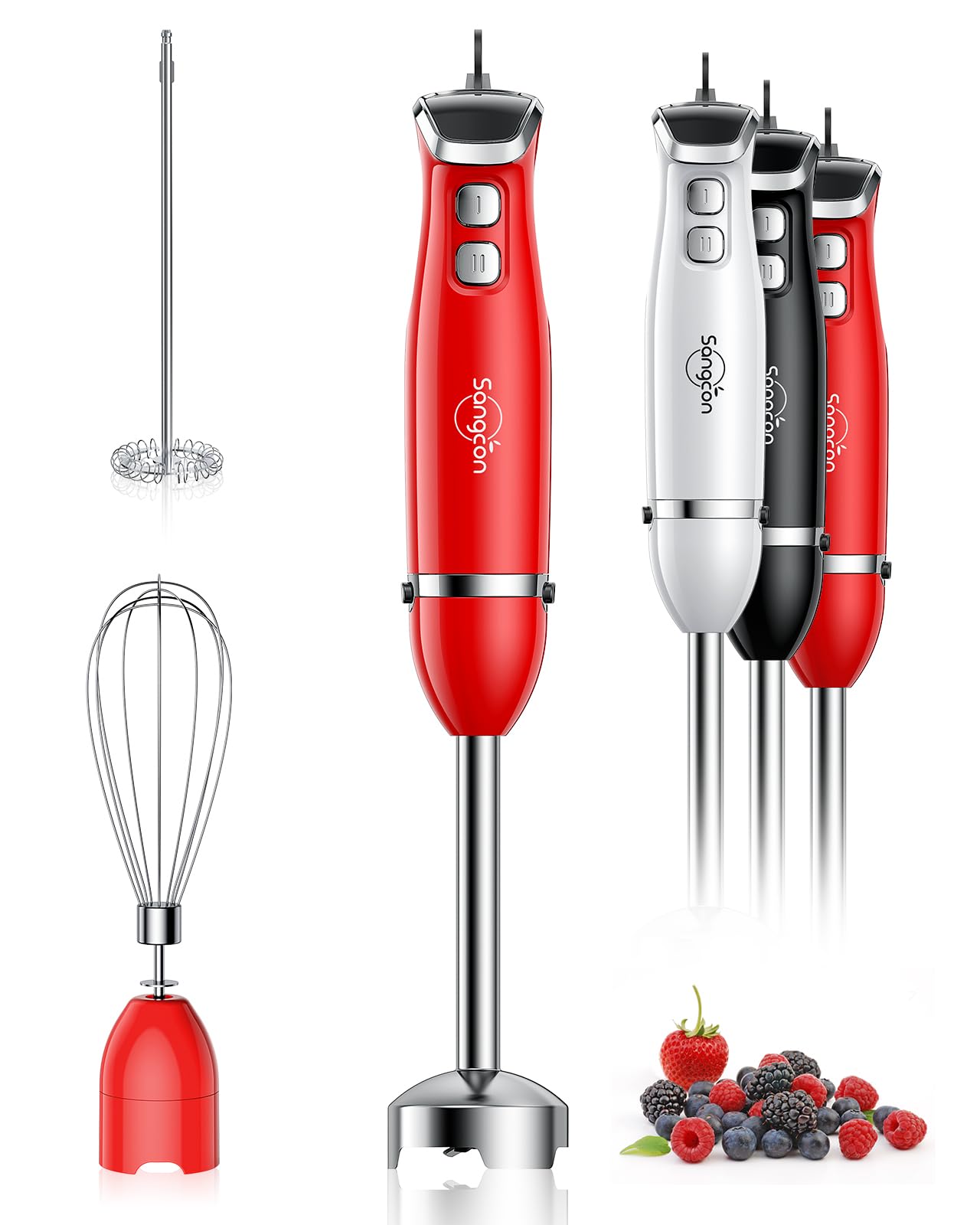 Sangcon 400W 3-in-1 Immersion Hand Blender with Stainless Steel Blade, Whisk & Milk Frother Attachments - Red | Perfect for Smoothies, Soups, Sauces & Whipping Cream at Home