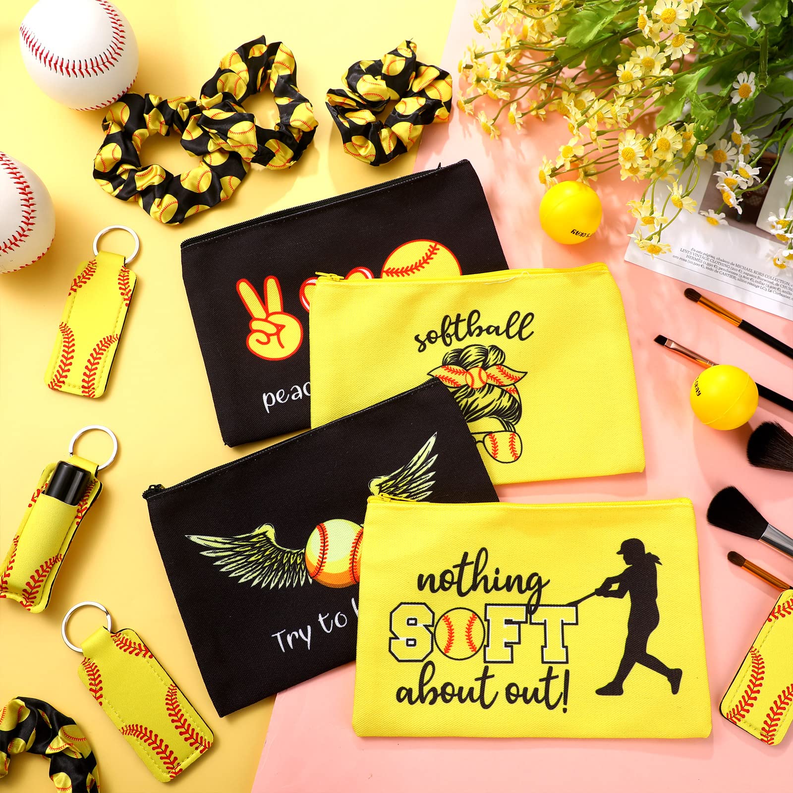 **36 Pcs Softball Gift Set for Teen Girls - Makeup Bags, Cosmetic Pouches, Sport Hair Scrunchies & Lipstick Holders - Perfect for Party Favors, Team Gifts & Game Day Essentials**