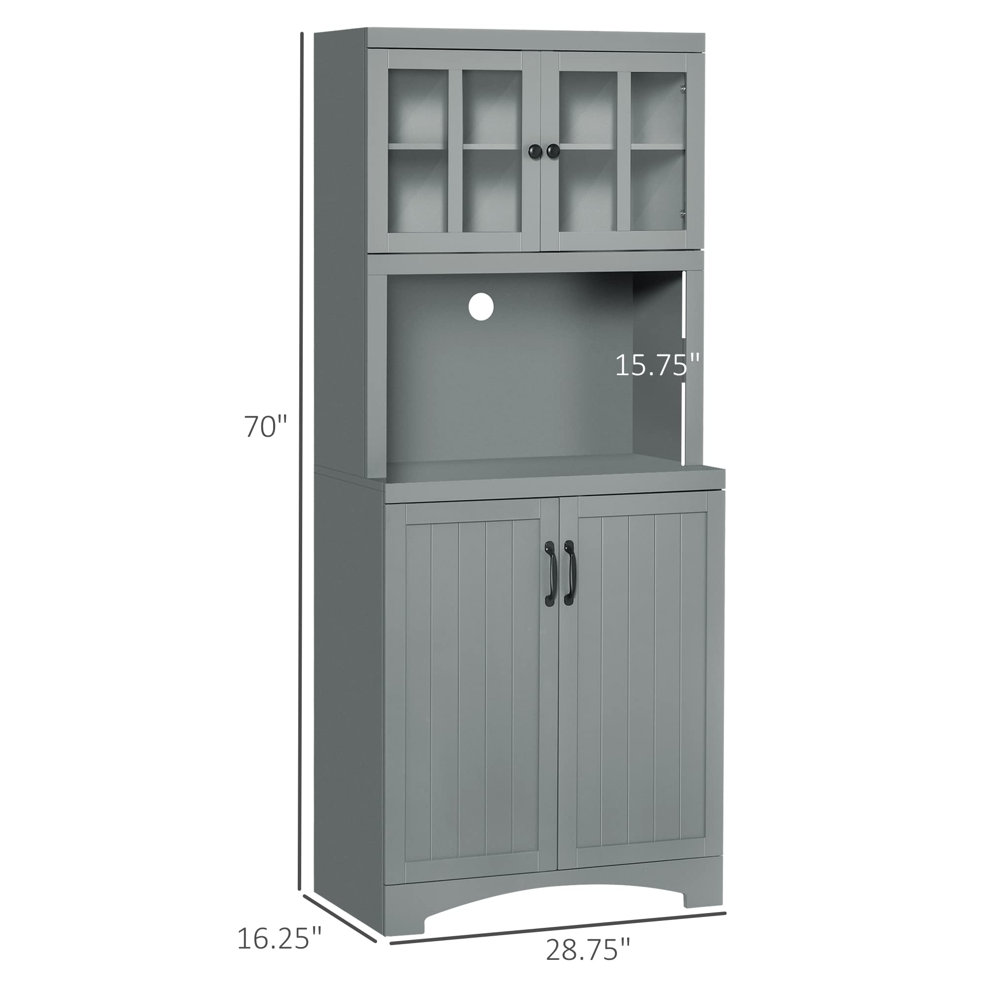 HOMCOM Kitchen Hutch with Glass Doors, Pantry Cabinet with Adjustable Shelves & Microwave Space - Gray Storage Organizer for Dining Room & Kitchen | Perfect for Small Spaces & Home Organization