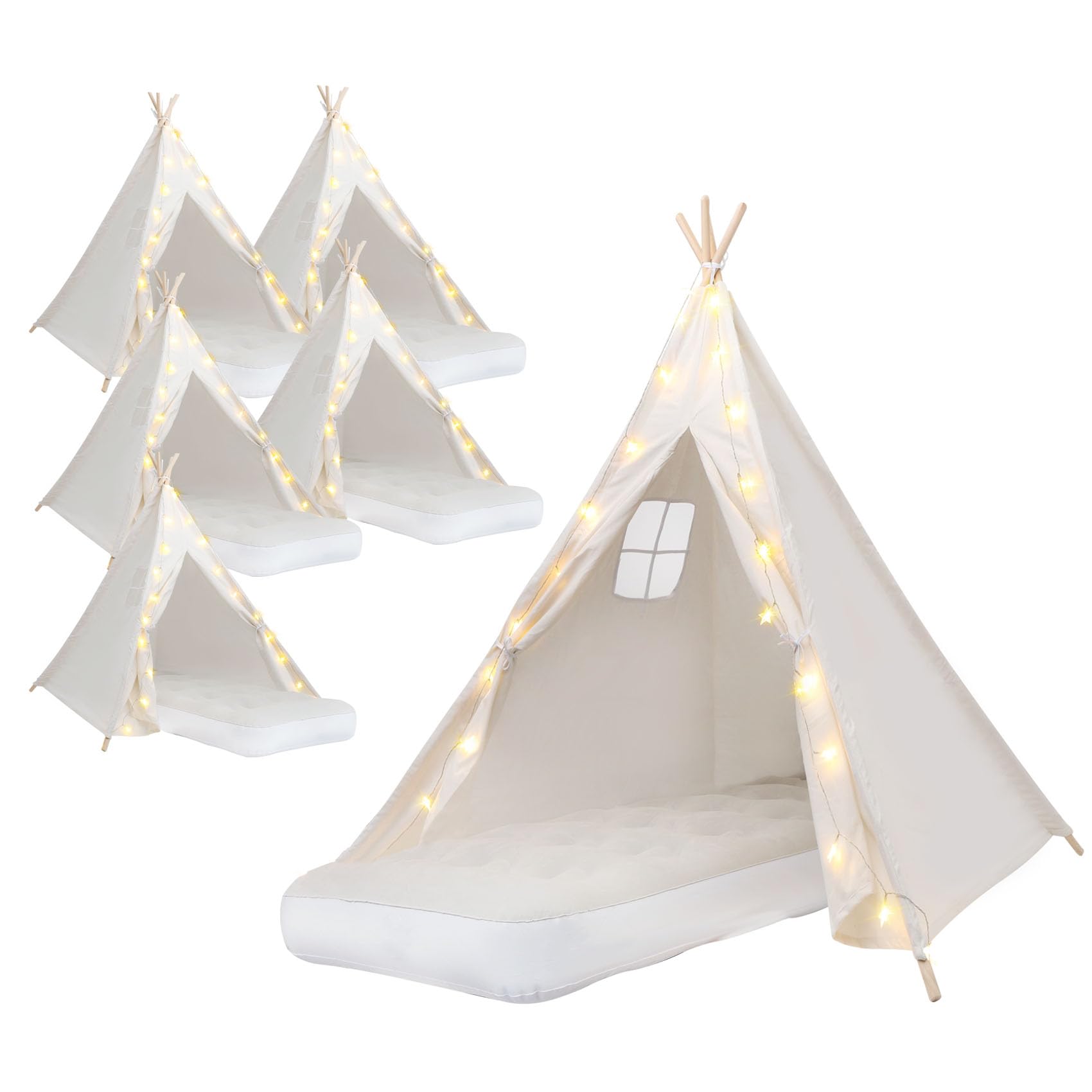 6 Pack Kids Teepee Tent with Thickened Fabric, LED Light String & Inflatable Air Mattress - Indoor Outdoor Play Tent for Girls Boys Sleepovers, Birthday Parties & Camping Adventures (White)
