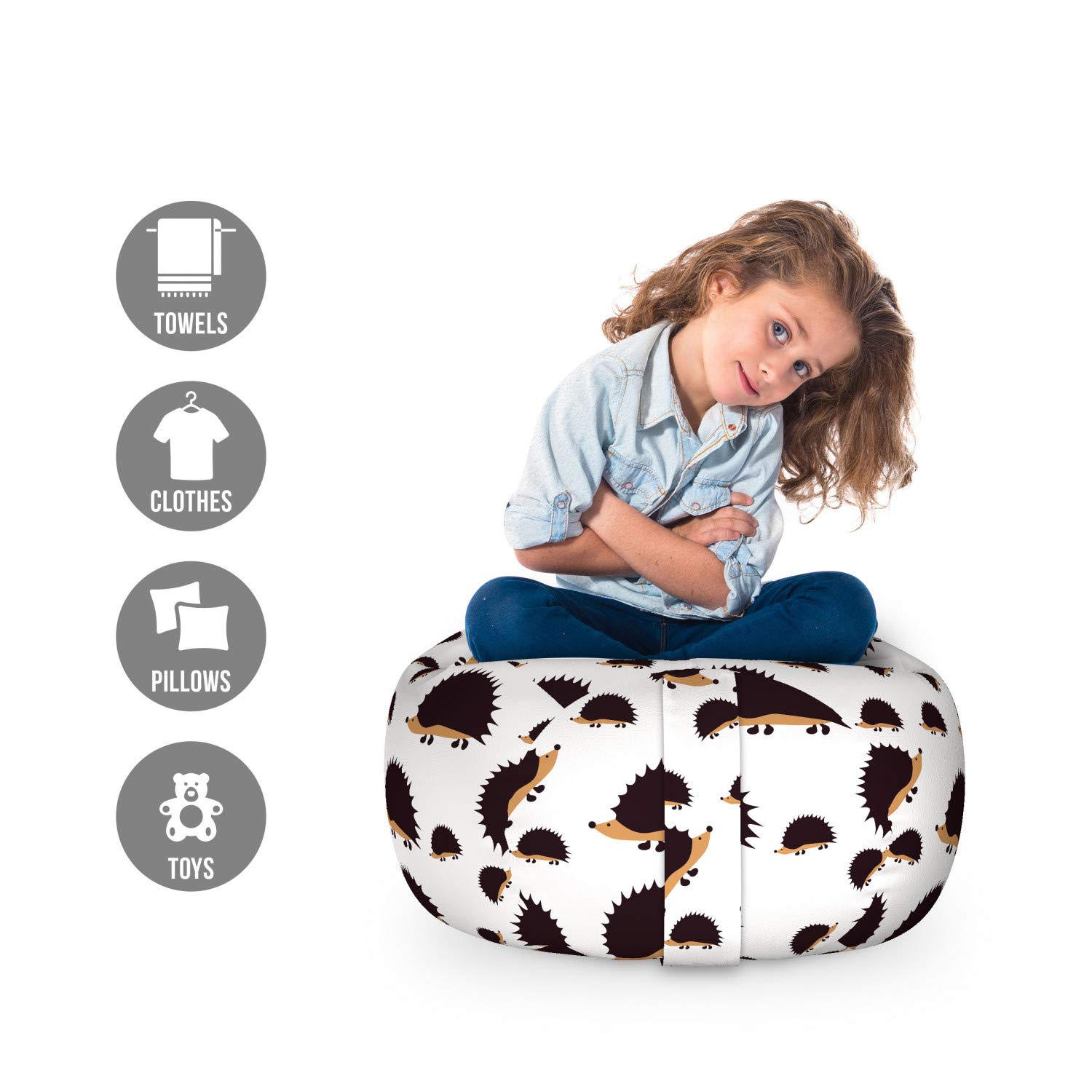 Ambesonne Hedgehog Storage Toy Bag Chair - Cartoon Porcupine Pattern, Washable Stuffed Animal Organizer, Small Size in Seal Brown & Pale Brown | Kids Room Decor, Plush Toy Storage, Playroom Organization
