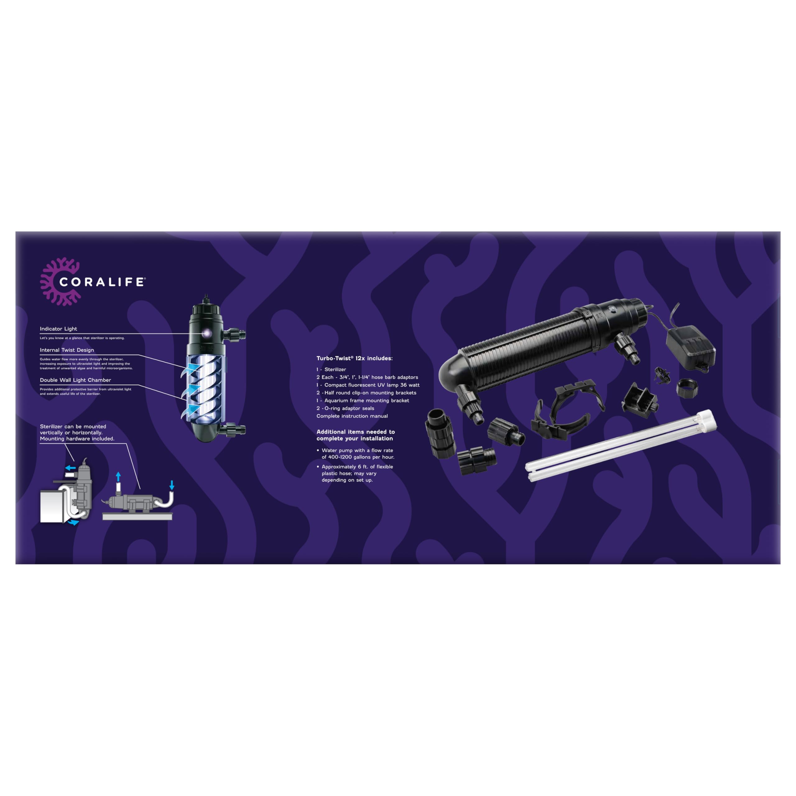 Coralife Turbo-Twist 12X UV Sterilizer for Saltwater Aquariums up to 500 Gallons - Marine Fish Tank Water Purifier for Reef & Coral Tanks