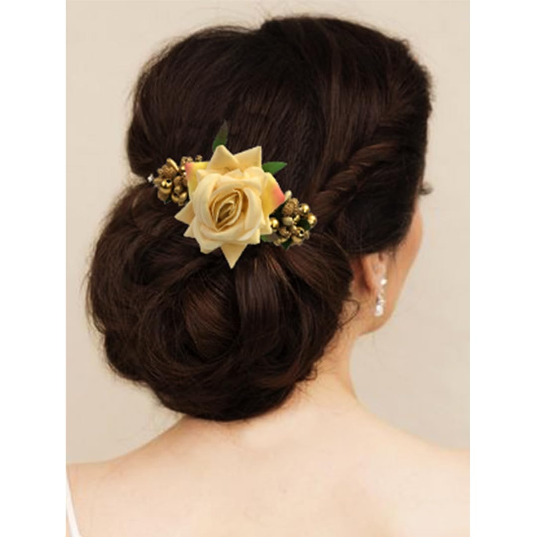 Ansh Women's Artificial Glossy Rose Flower Hair Clip with Stone Design & Pearls - Bridal Hair Accessories for Weddings, Parties & Special Occasions (Peach, Pack of 1)