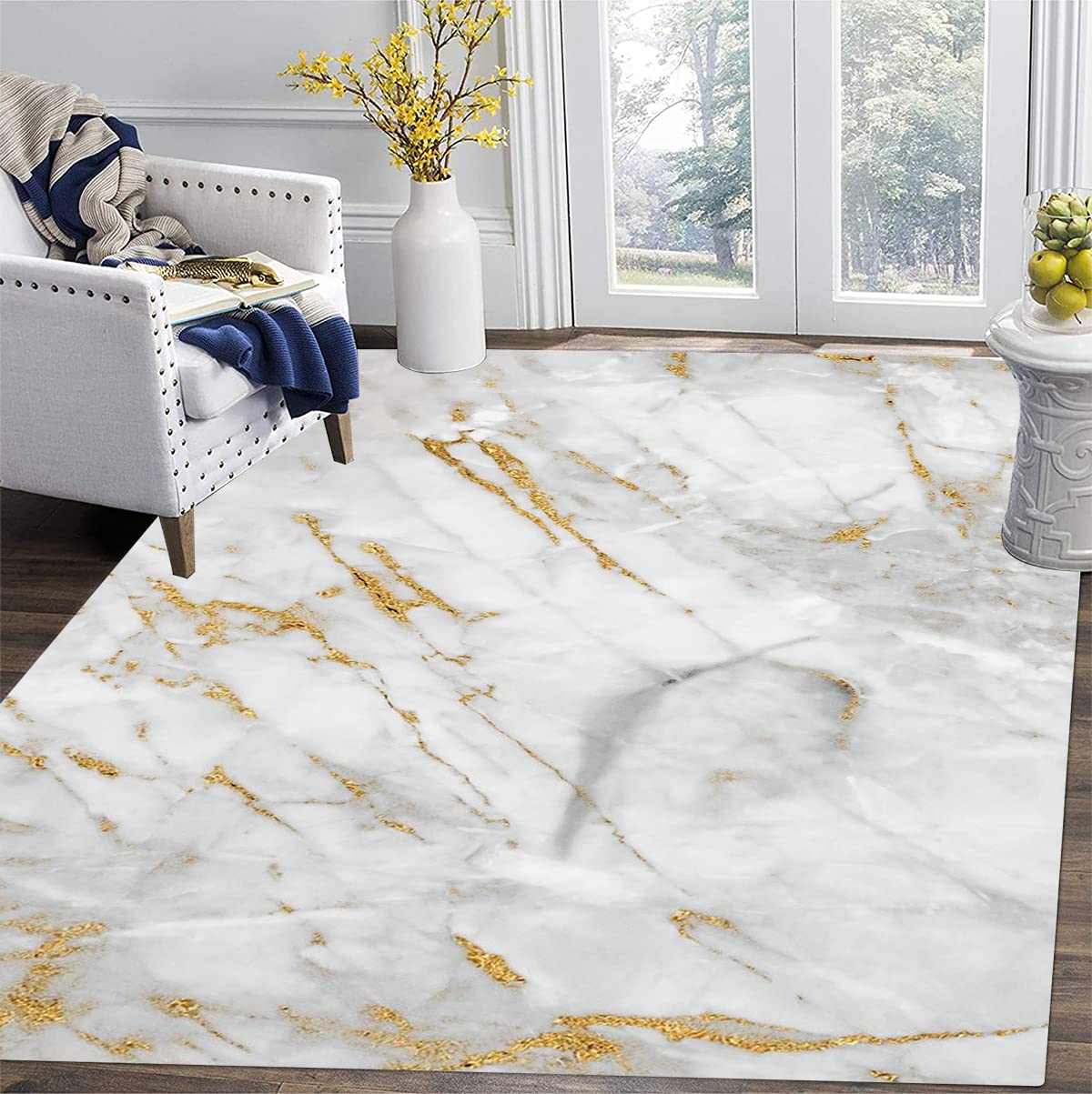 Beige Gold Marble Pattern Modern Abstract Area Rug 6x9 ft - Non-Shedding Luxurious Art Deco Carpet - Washable Soft Living Room Rug for Bedroom, Dining Table & Home Office - Retro Floor Decor for Modern Spaces