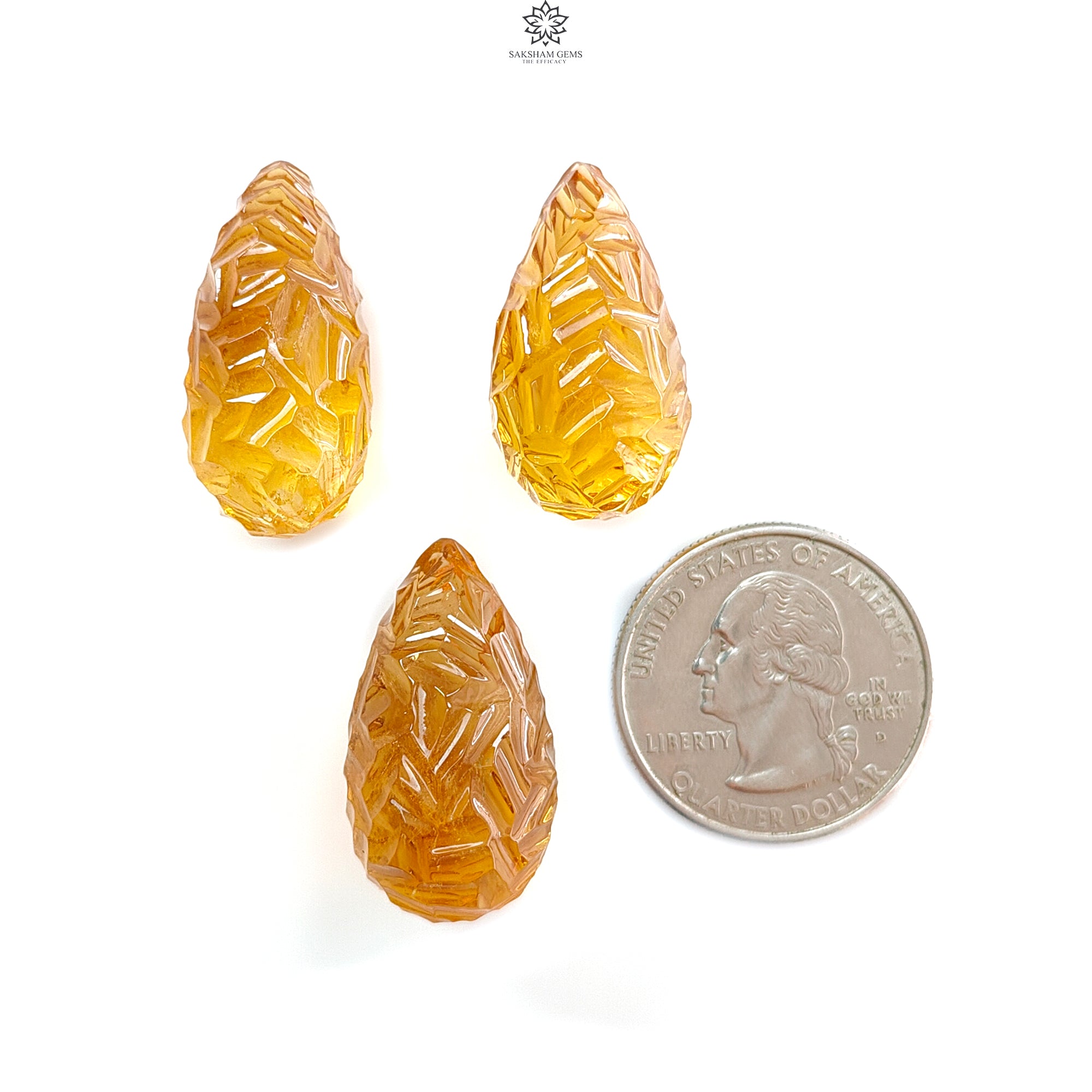 Natural Untreated Yellow Citrine Gemstone Carving - 100.00cts Hand Carved Teardrop Shape 26mm-27mm (3pcs Set) November Birthstone for Jewelry Making, Healing Crystals & Gift Giving