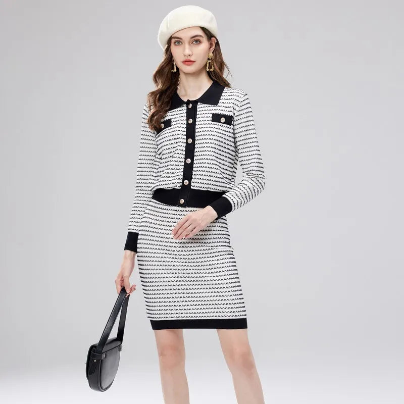 Luxury Knitted Two-Piece Set for Women - Autumn Winter Small Collar Cardigan Jacket with High Waist Slim Fit Skirt | Office Wear, Date Night Outfits, Casual Chic Fashion