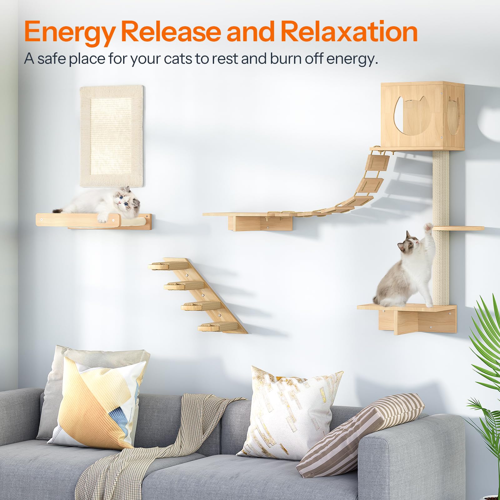 HOOBRO 5-Piece Wooden Cat Wall Shelves Set - Cat Climbing Furniture, Corridor, House, Plush Hammock & Scratching Board - Durable Natural Wood for Indoor Cat Play (Model NL45CS03) | Perfect for Small Spaces, Cat Exercise & Wall Decor