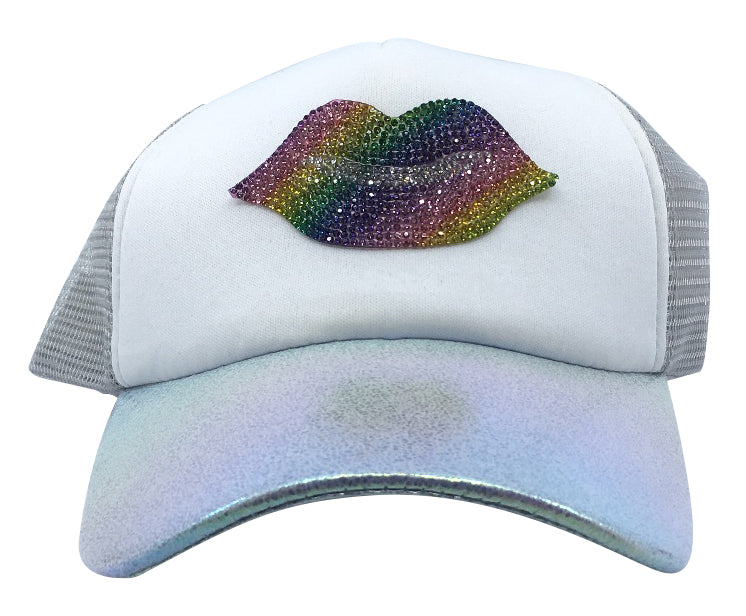 Bari Lynn Women's Crystal Kiss Lips Trucker Hat - Stylish Embellished Baseball Cap for Fashion, Parties & Outdoor Events