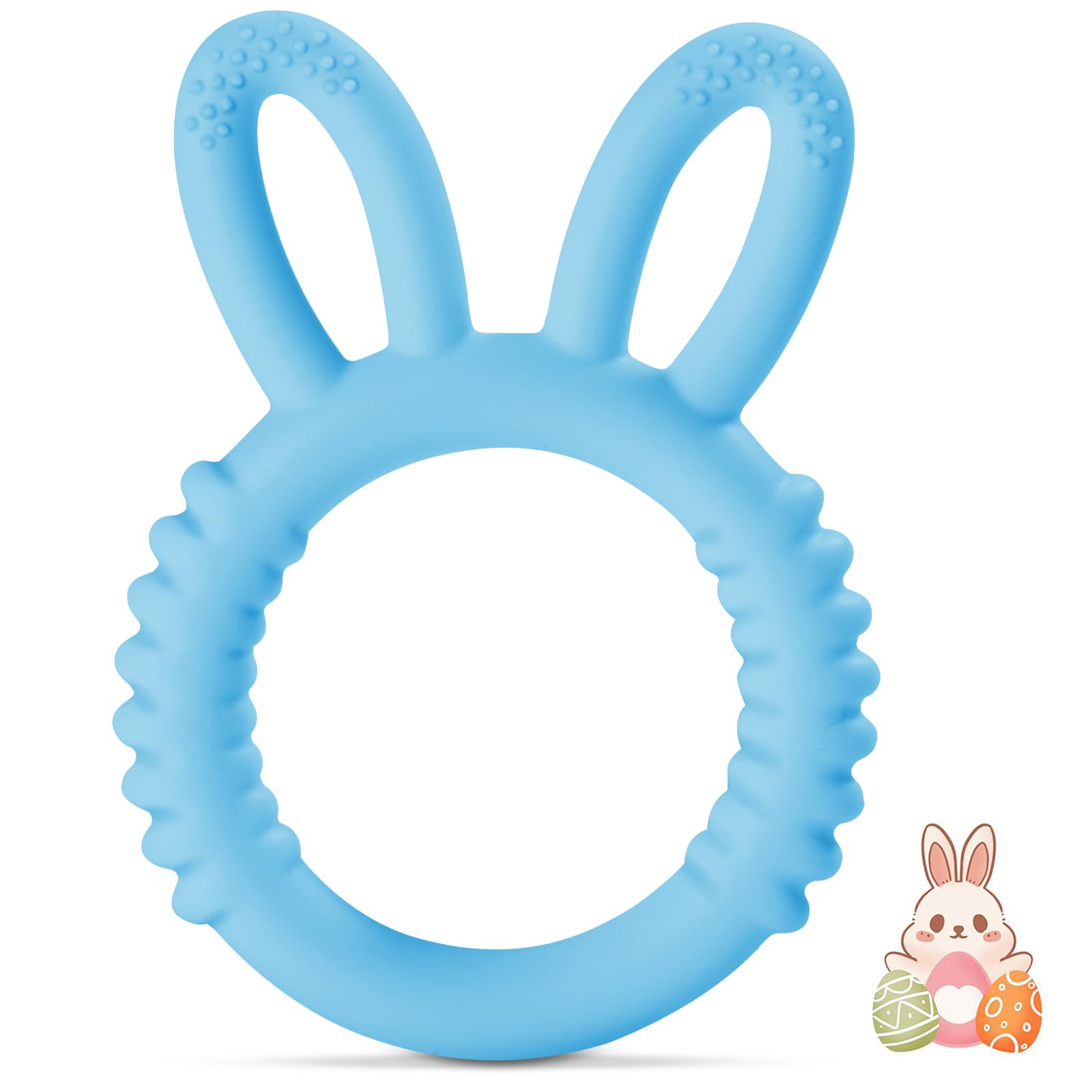 Easter Bunny Baby Teething Toys - Soft Silicone Teether Ring for Infants & Toddlers - Safe & Easy to Clean - Perfect Easter Basket Stuffer & Gift (Baby Blue) - Ideal for Soothing Sore Gums During Easter Celebrations