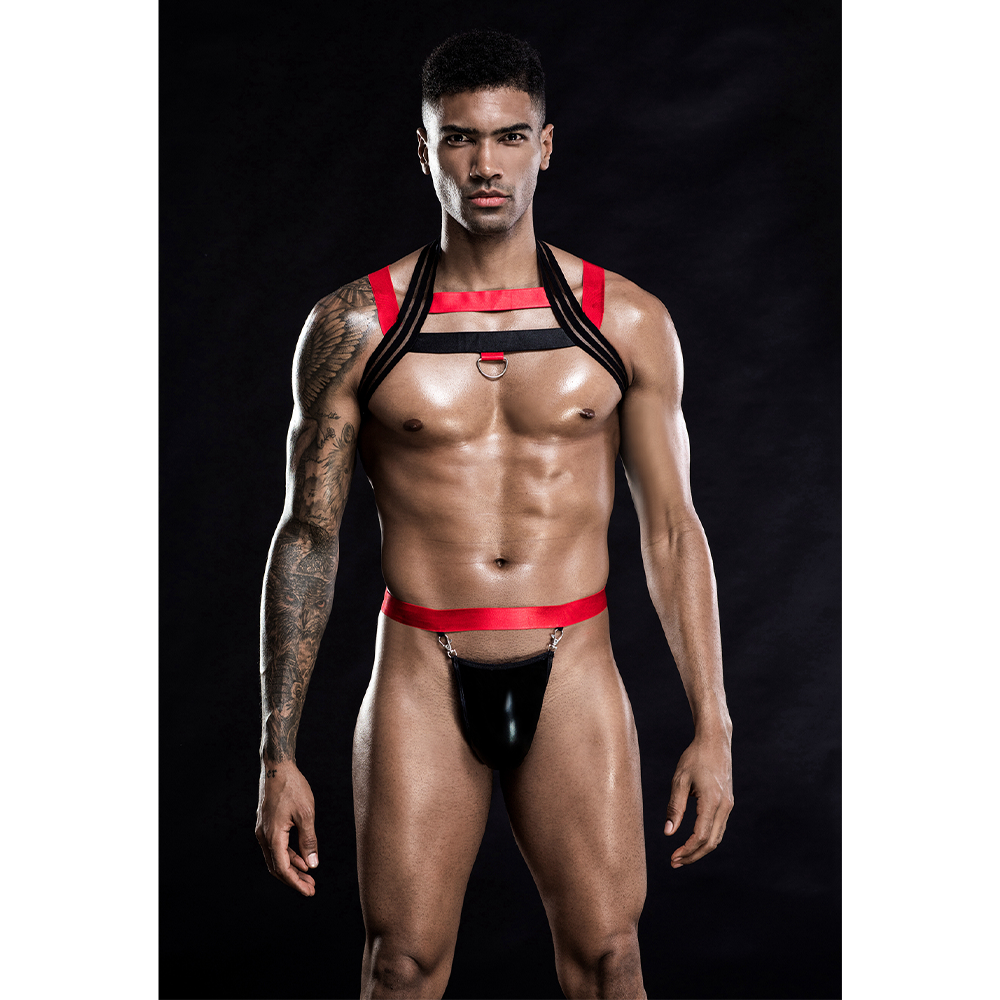 JSY Men's Mesh Stripe Chest Brace Harness & Wet Look G String Thong - Sexy Underwear for Men, BDSM, Fetish & Role Play - Perfect for Nightclubs, Parties & Intimate Moments