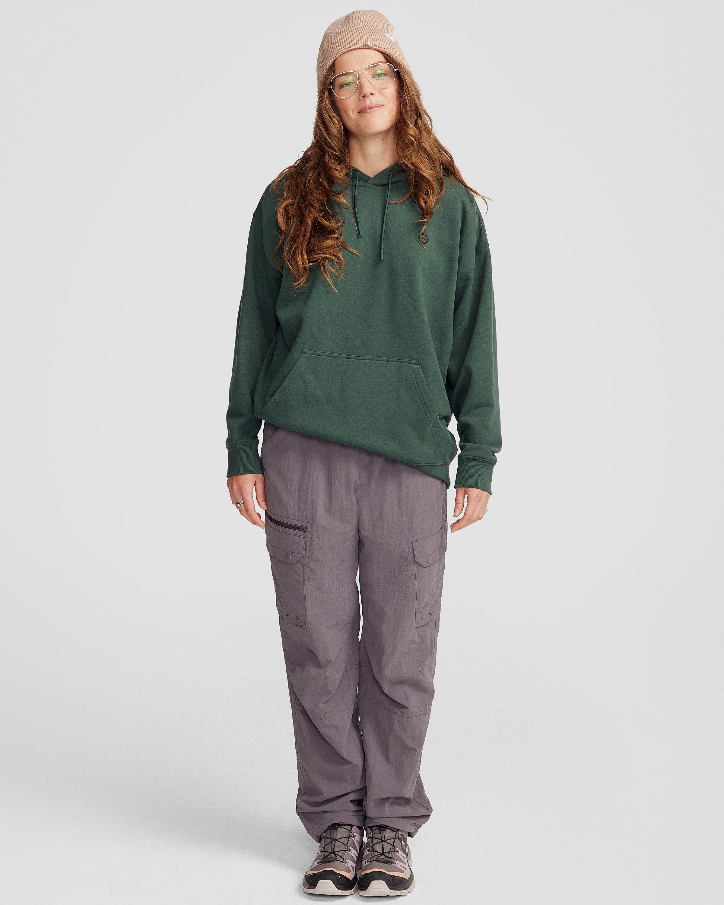 Women's Cozy Brushed Fleece Hoodie with Peak Badge - Deep Forest Green for Casual Wear & Outdoor Activities