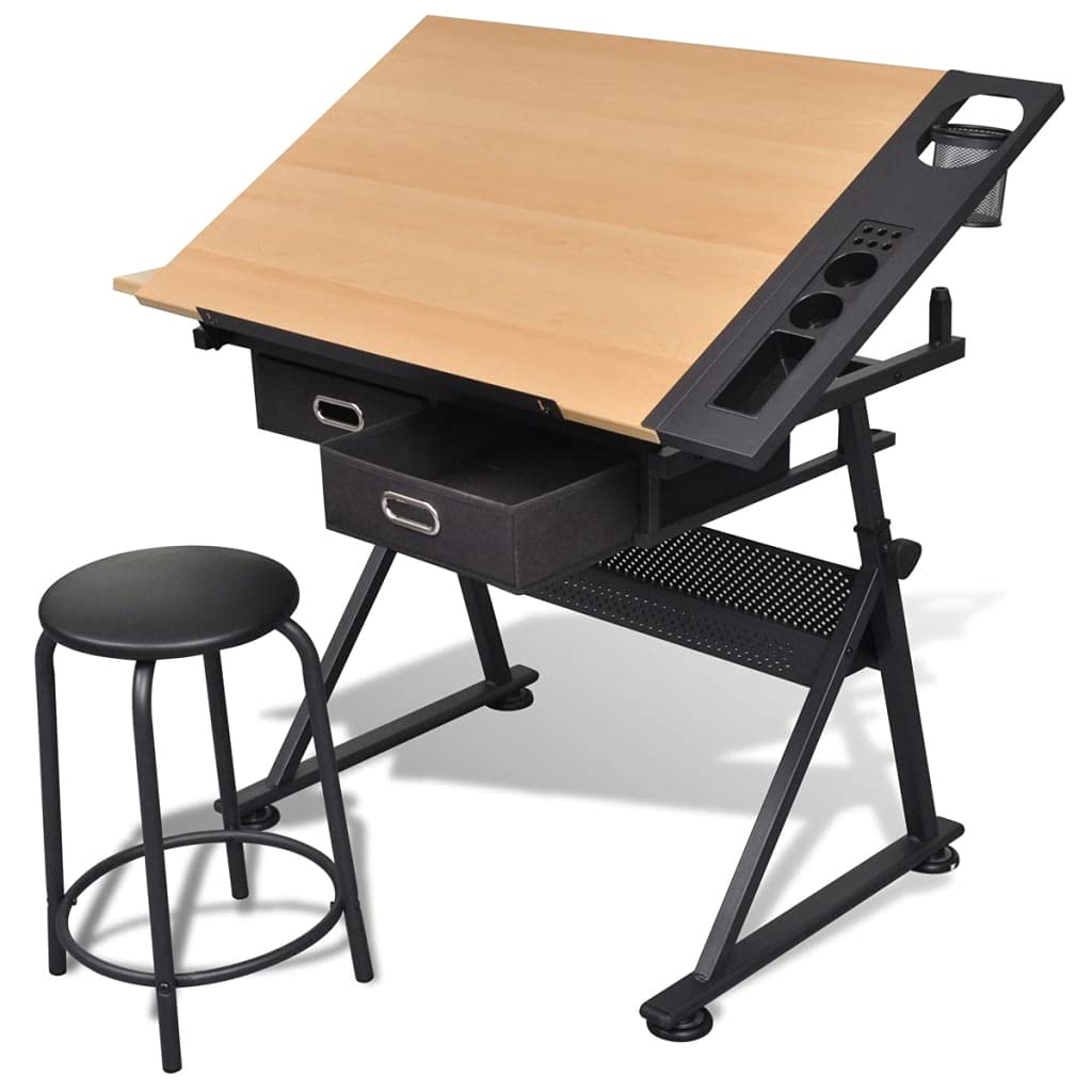 Adjustable Height Drafting Table with Tilted Tabletop - Artist Desk for Sketching, Drawing & Watercolor Painting - Includes 2 Storage Drawers & Stool - Perfect for Home Office, Studio & Art Classroom