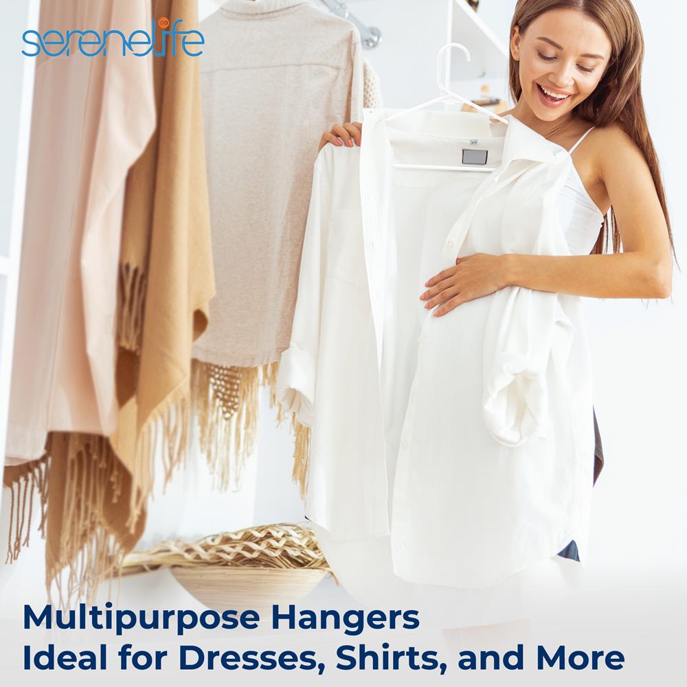 SereneLife 100 Pack Heavy Duty Plastic Clothes Hangers - Smooth White Space Saving Slim Design for Shirts, Pants, Suits & Coats - No Snag Strap Hook - Perfect for Closet Organization & Retail Stores