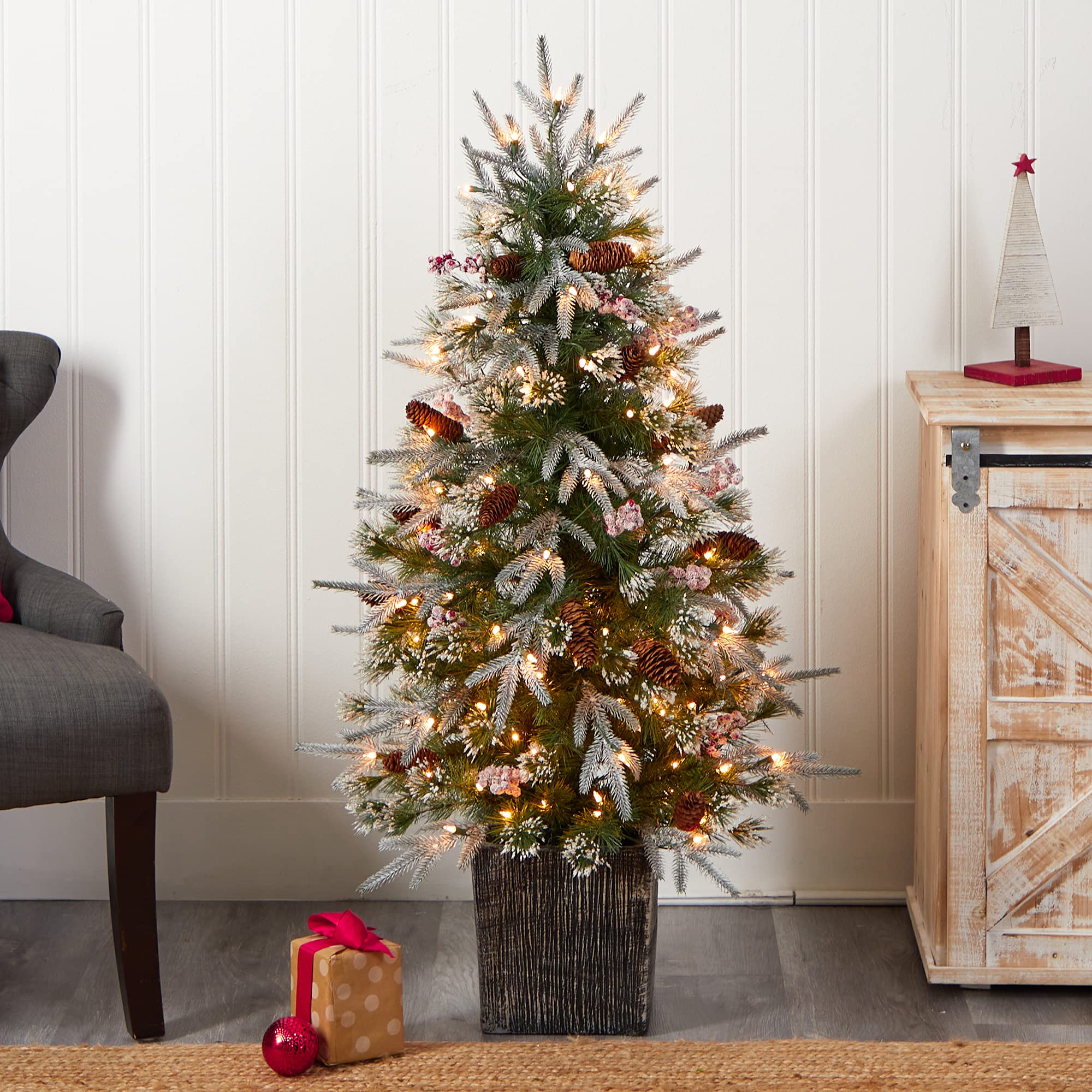 Nearly Natural 4ft Pre-Lit Frosted Artificial Christmas Tree with 105 Warm White LED Lights & Berries in Decorative Planter - Perfect for Home, Office, and Holiday Decorations