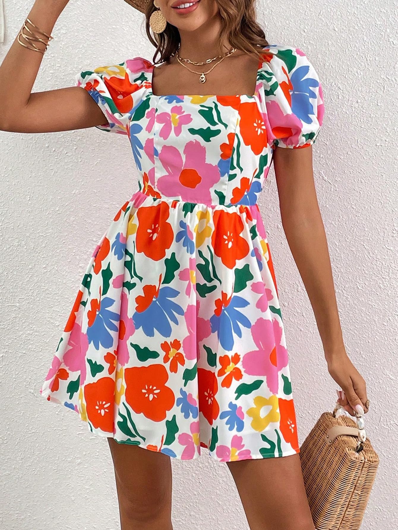Verdusa Women's Boho Floral Print Short Sleeve Square Neck Puff Sleeve Mini Dress - Perfect for Summer Outfits, Beach Vacations & Casual Date Nights