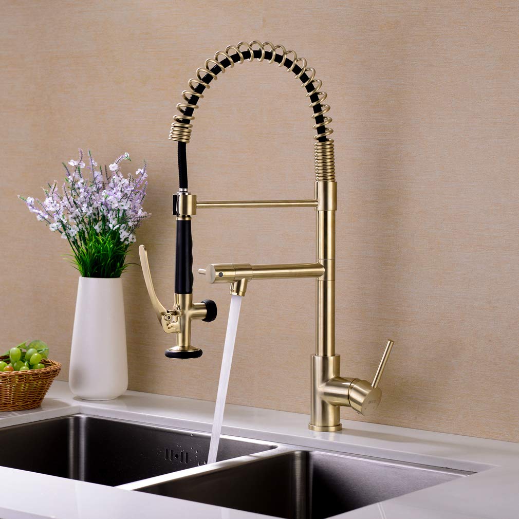EKRTE Brushed Gold Commercial Style Kitchen Faucet with Pull Down Sprayer, Spot Free Single Handle Sink Faucet for Modern Kitchens and Restaurants