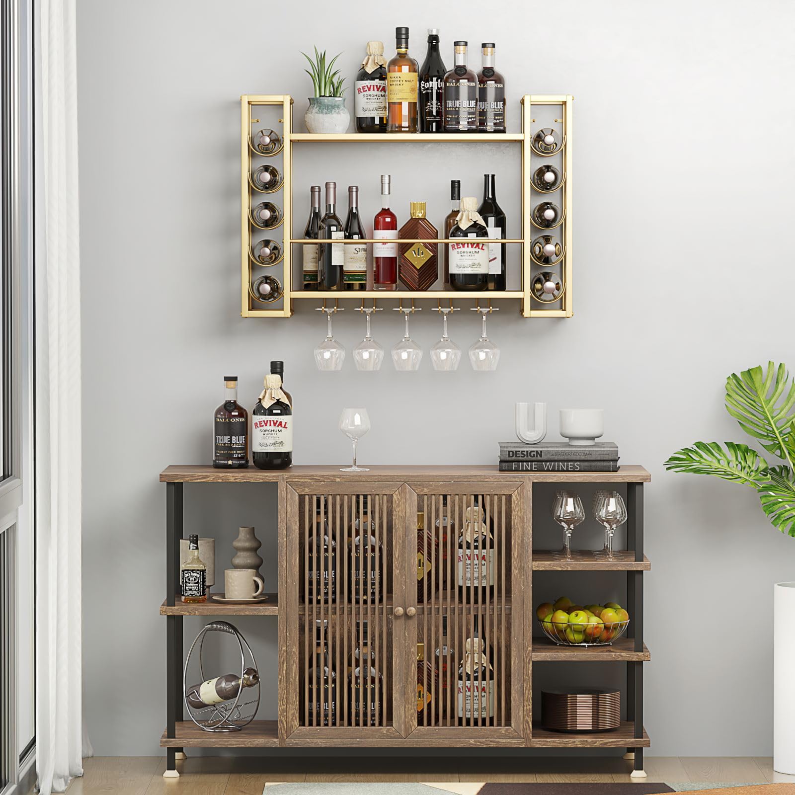 Wall Mounted Wine Rack - Floating Bar Shelf with Glass Holder | Metal Bottle Storage Display for Home Bar in Gold | Perfect for Kitchen, Dining Room & Entertainment Areas