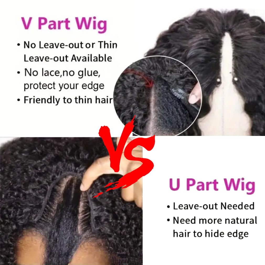 20 Inch Kinky Curly V Part Wig Human Hair - Brazilian Curly U Part Wig 180% Density No Leave Out No Glue - Perfect for Daily Wear, Parties & Special Occasions