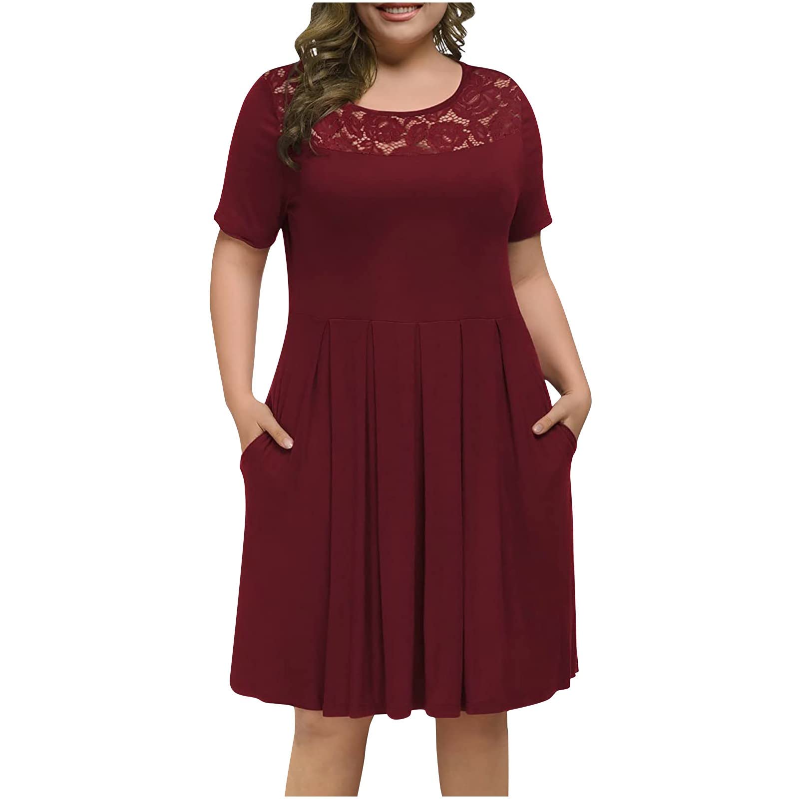 Plus Size Casual Lace Dress for Women - O Neck A-Line Knee Length Swing Dress with Floral Pattern | Perfect for Parties, Weddings & Summer Outings