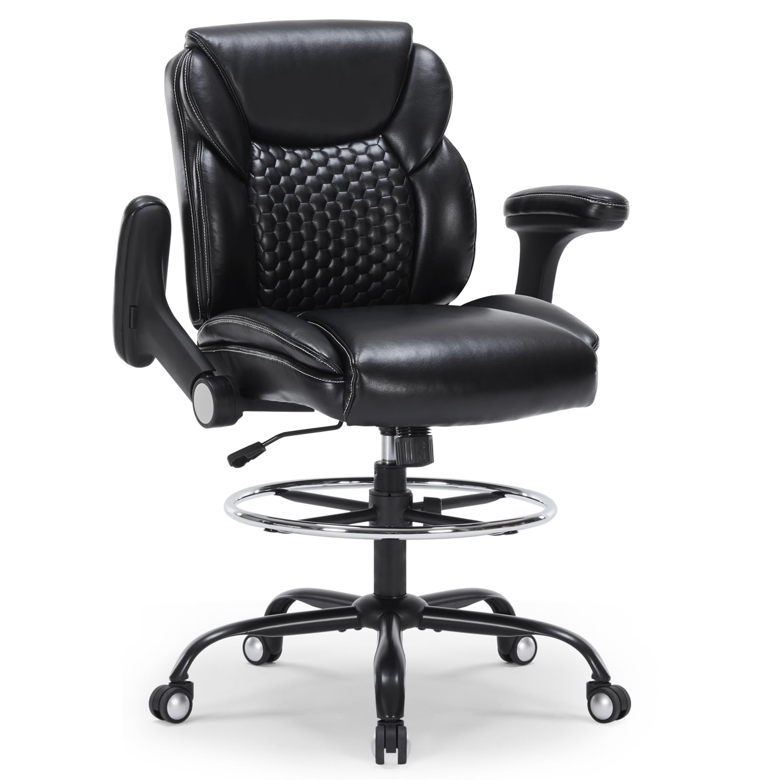 Ergonomic Drafting Chair with Adjustable Arms & Foot Ring - PU Leather High Office Chair for Counter Height Desks, Swivel Computer Stool (Black) - Perfect for Architects, Designers & Home Office Workspaces