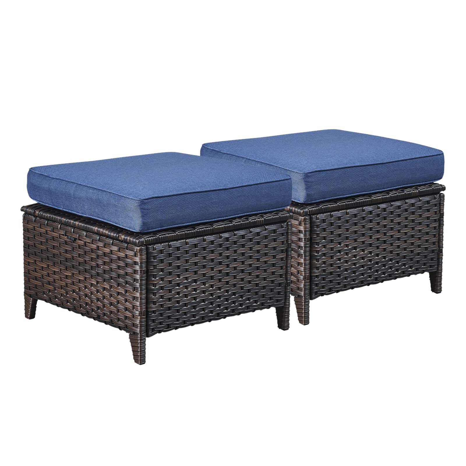 2-Piece Outdoor Wicker Ottoman Set with Thick Cushions - Brown/Blue Rattan Footrest Footstools for Patio, Garden & Poolside Relaxation