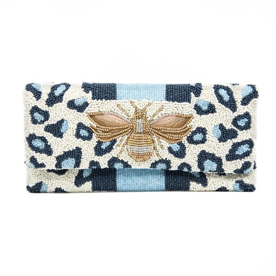 Blue & White Beaded Leopard Print Envelope Clutch Purse with Gold Bee Charm - Elegant Evening Bag for Parties, Weddings & Special Occasions