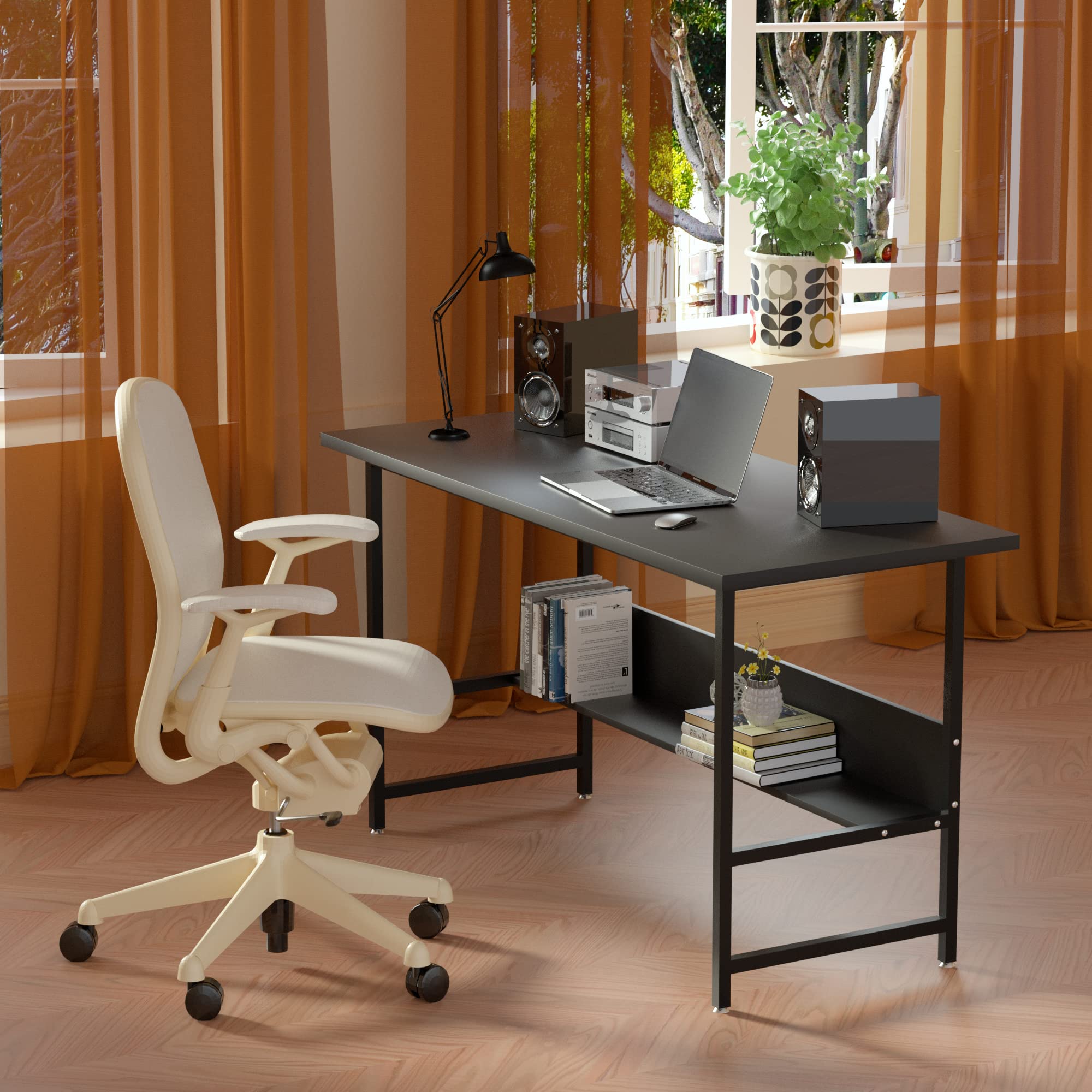 Black U-Shaped Steel Leg Office Desk with Bookshelf - Simple & Modern Computer Desk for Home Office, Study, Living Room & Bedroom - Perfect for Working, Reading & Writing