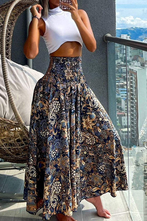 Stylish Printed Pleated Elastic Waist Maxi Skirt for Women | Holiday & Casual Wear | Perfect for Beach Vacations, Summer Outings & Festive Occasions