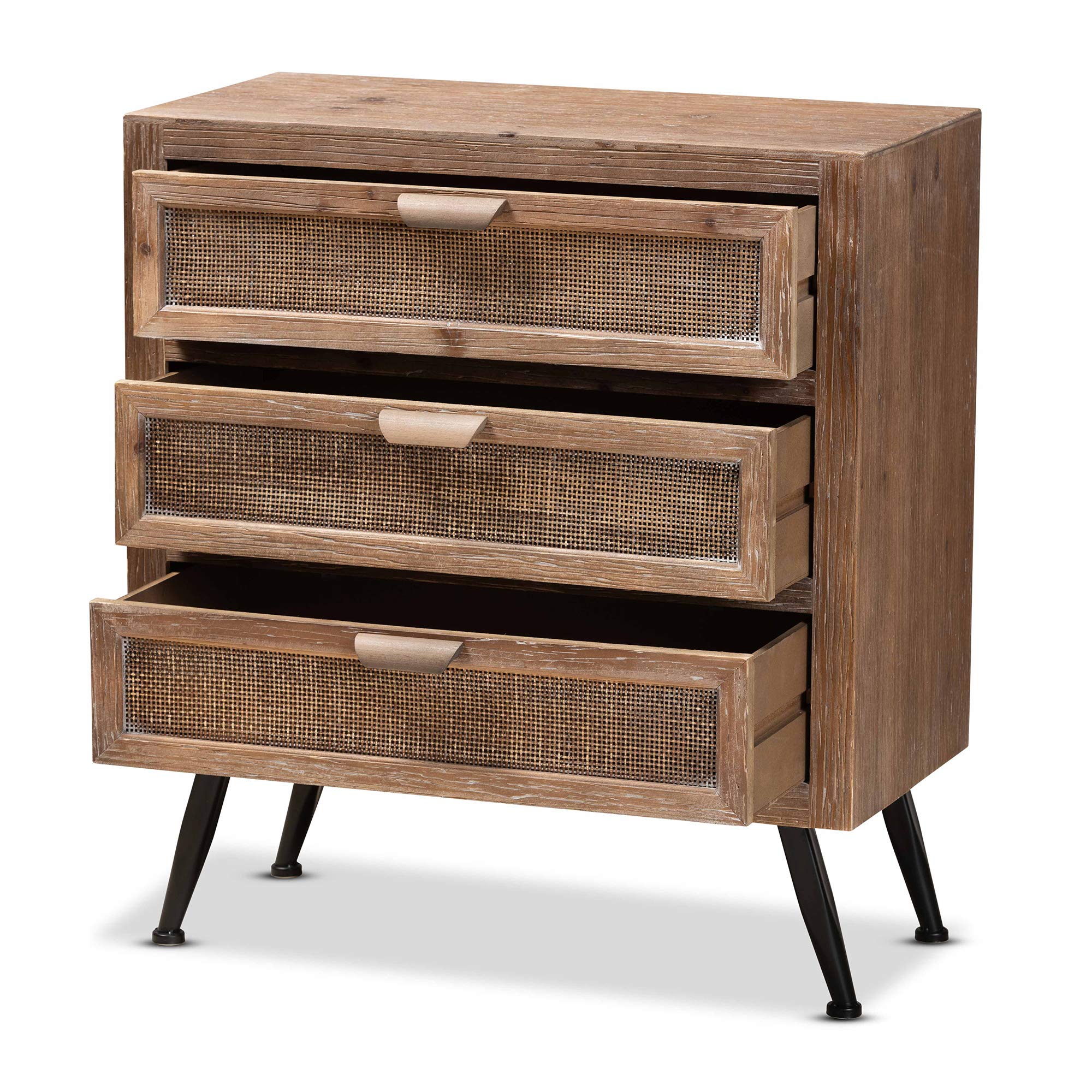 Baxton Studio Calida Mid-Century Modern 3-Drawer Storage Cabinet - Whitewashed Natural Brown Wood & Rattan - Perfect for Bedroom, Living Room, or Home Office Organization