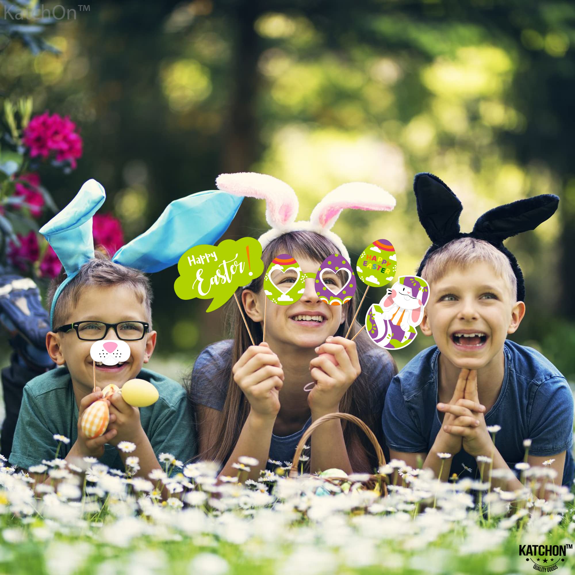KatchOn Happy Easter Photo Booth Props - 31-Piece Set for Easter Photoshoot & Spring Party Decor | Easter Photography Backdrops, Bunny Ears & Themed Signs | Perfect for Easter Egg Hunts, Family Photos & Spring Celebrations