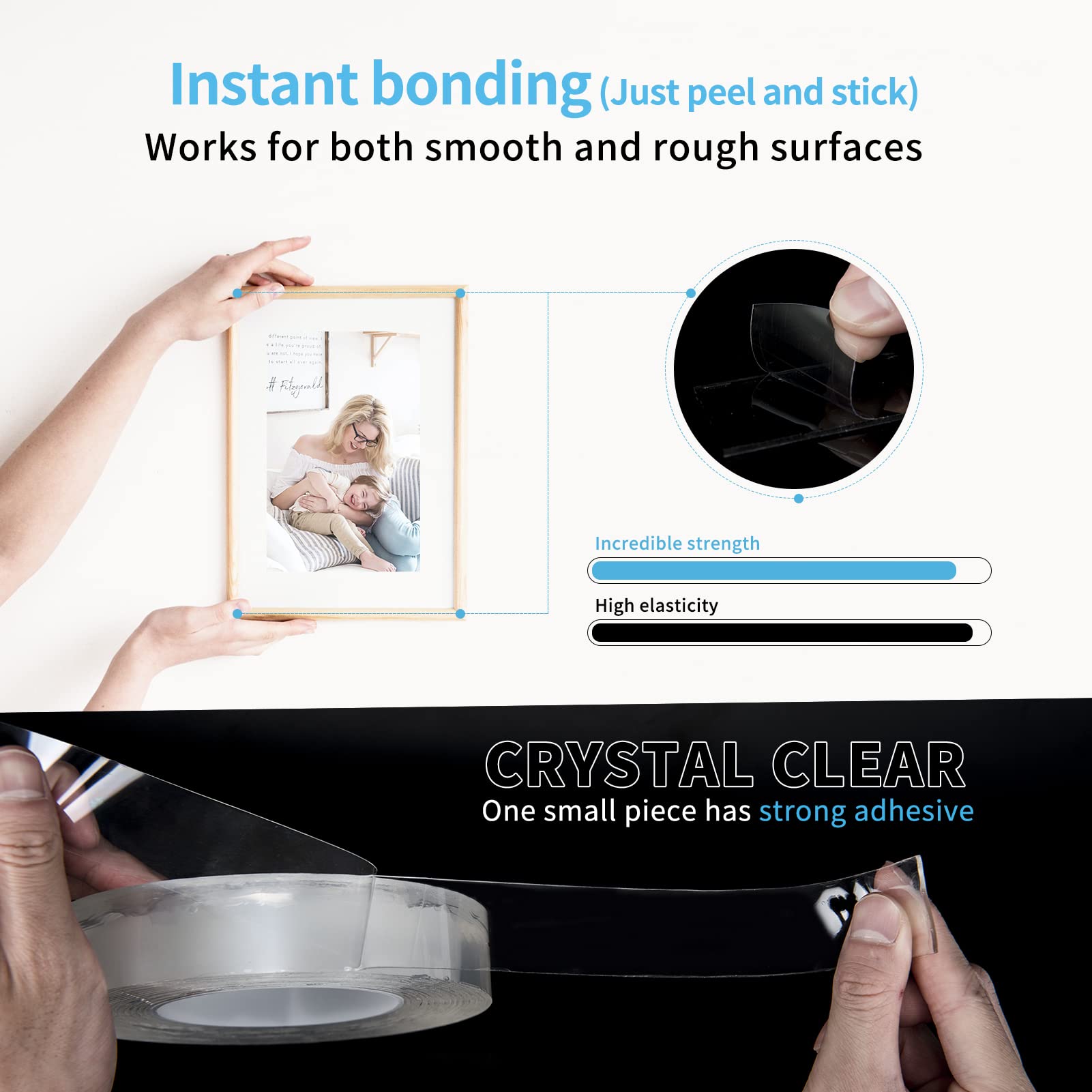 Art3d 10FT Double-Sided Mounting Tape - Heavy Duty Removable Adhesive Foam Strips for Hanging Pictures, Posters, Mirrors & Home Decor - Clear Transparent Strong Hold - Perfect for Walls, Doors, Glass & Smooth Surfaces