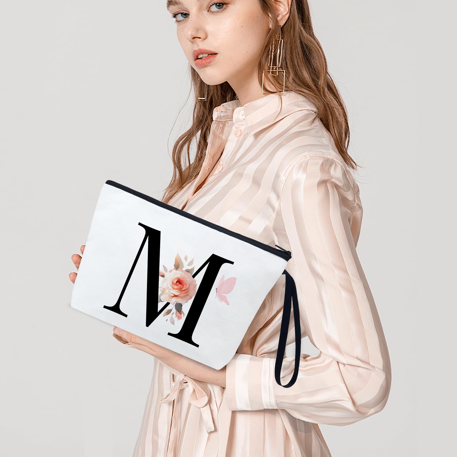 Personalized Initial Makeup Bag - 12OZ Canvas Cosmetic Pouch with Floral Butterfly Design (Letter J) | Travel Toiletry Organizer for Women, Perfect for Gym, Vacation & Daily Use