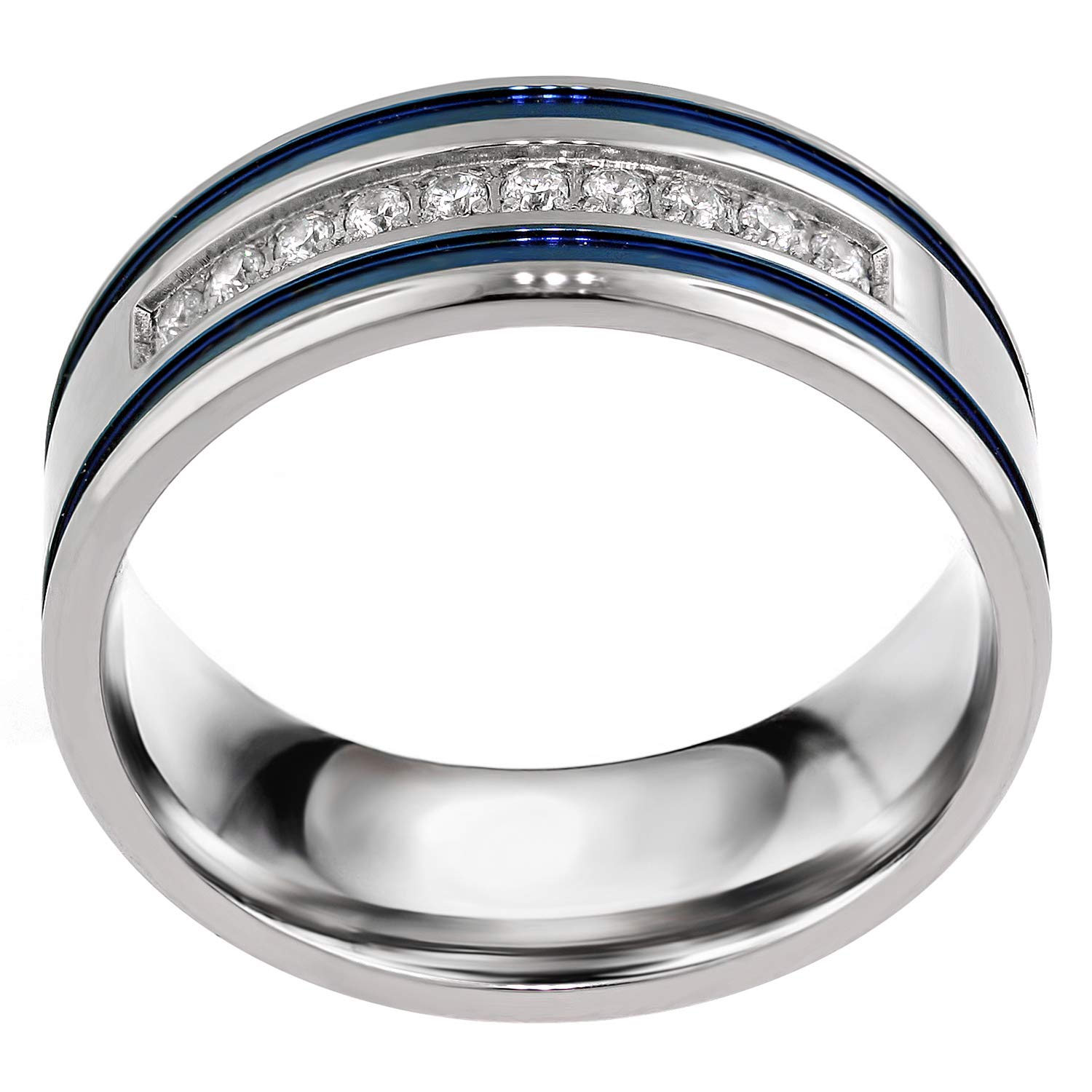Stainless Steel Men's Wedding Band with CZ & Blue Stripes - 8mm Comfort Fit Engagement Ring for Him - Perfect for Proposals, Anniversaries & Gifts