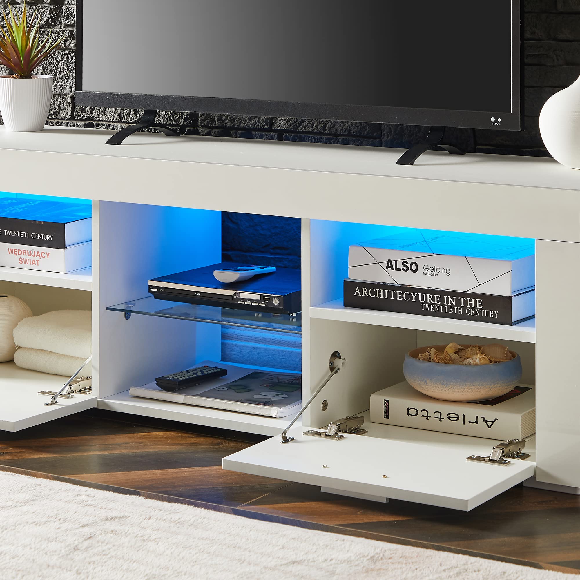 55 Inch TV Stand with LED Lights & 2 Drawers - Modern White Gloss Entertainment Center, Living Room TV Console Table for Home Theater Setup - Perfect for Gaming, Movie Nights & Family Entertainment