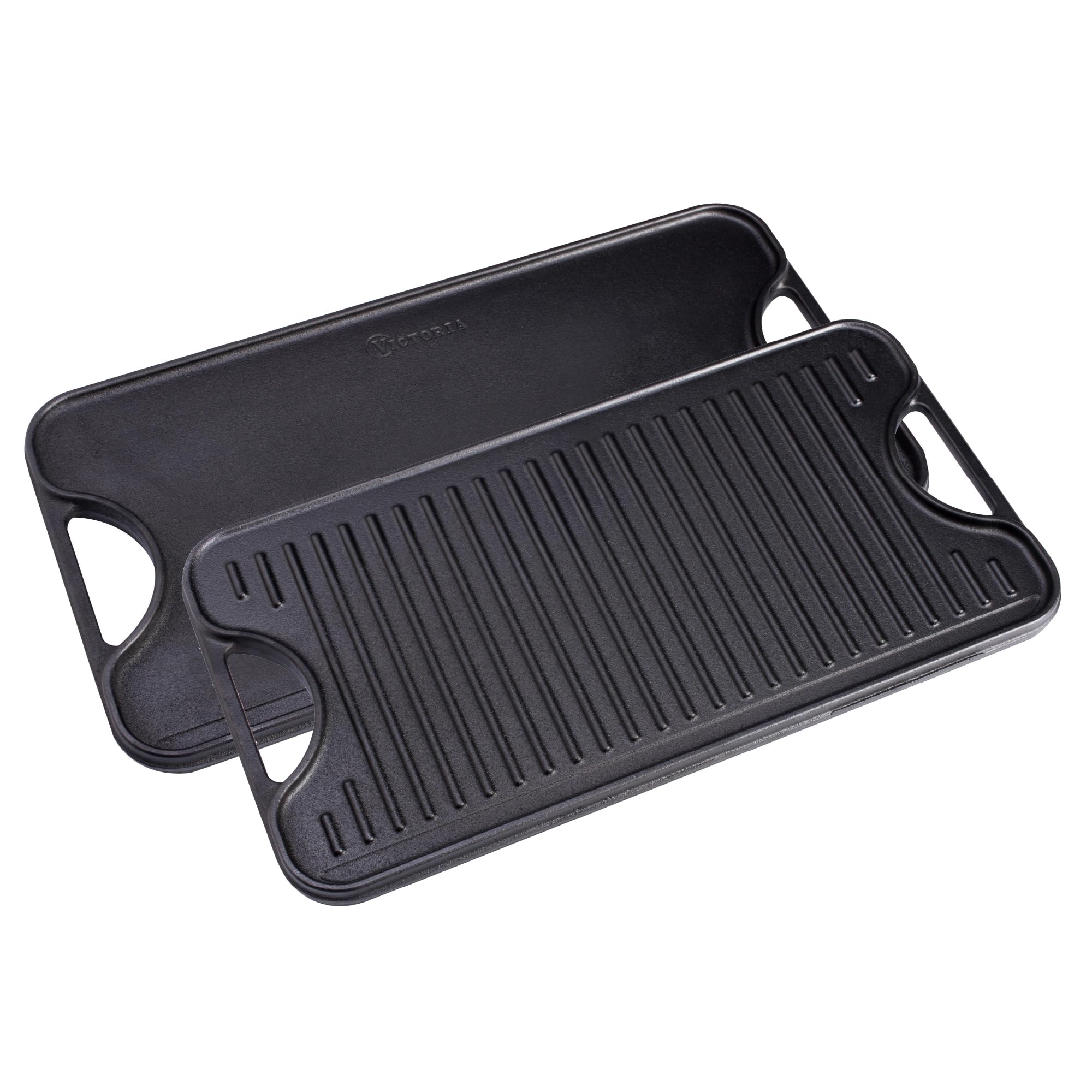 Victoria Rectangular Cast Iron Griddle - 18.5 x 10 Inch Double Burner Reversible Grill/Griddle, Pre-Seasoned with 100% Kosher Certified Non-GMO Flaxseed Oil - Perfect for Stovetop, Camping & Outdoor Cooking